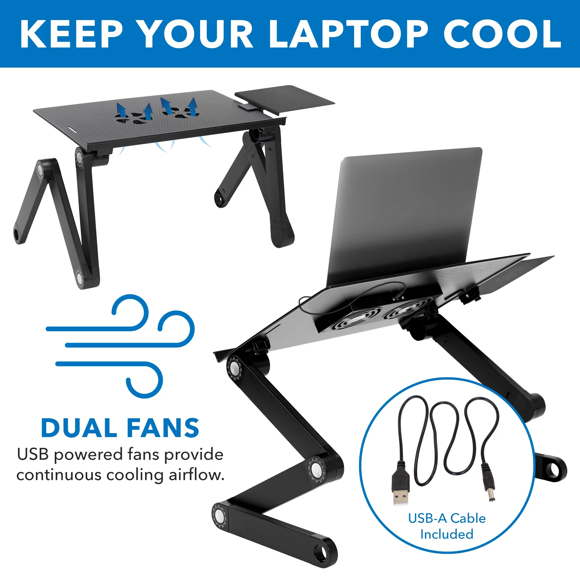 Mount-It! Adjustable Laptop Stand with Built-in USB Cooling Fan and Mouse Pad Tray, Black