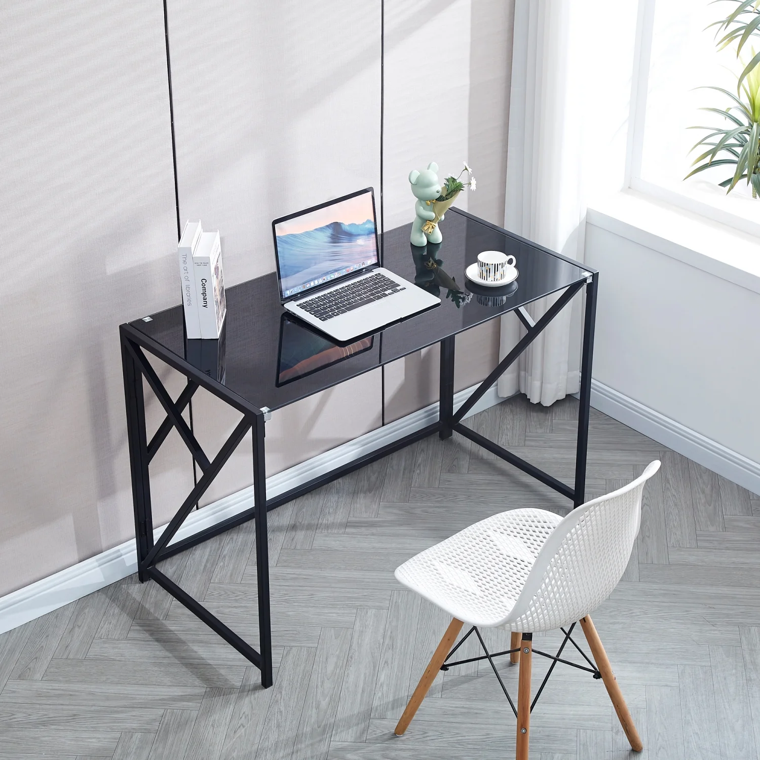Stylish Black Tempered Glass Computer Desk with Sturdy Metal Frame- Modern Laptop Desk and Sleek PC Laptop Table- Perfect for Home Office Use