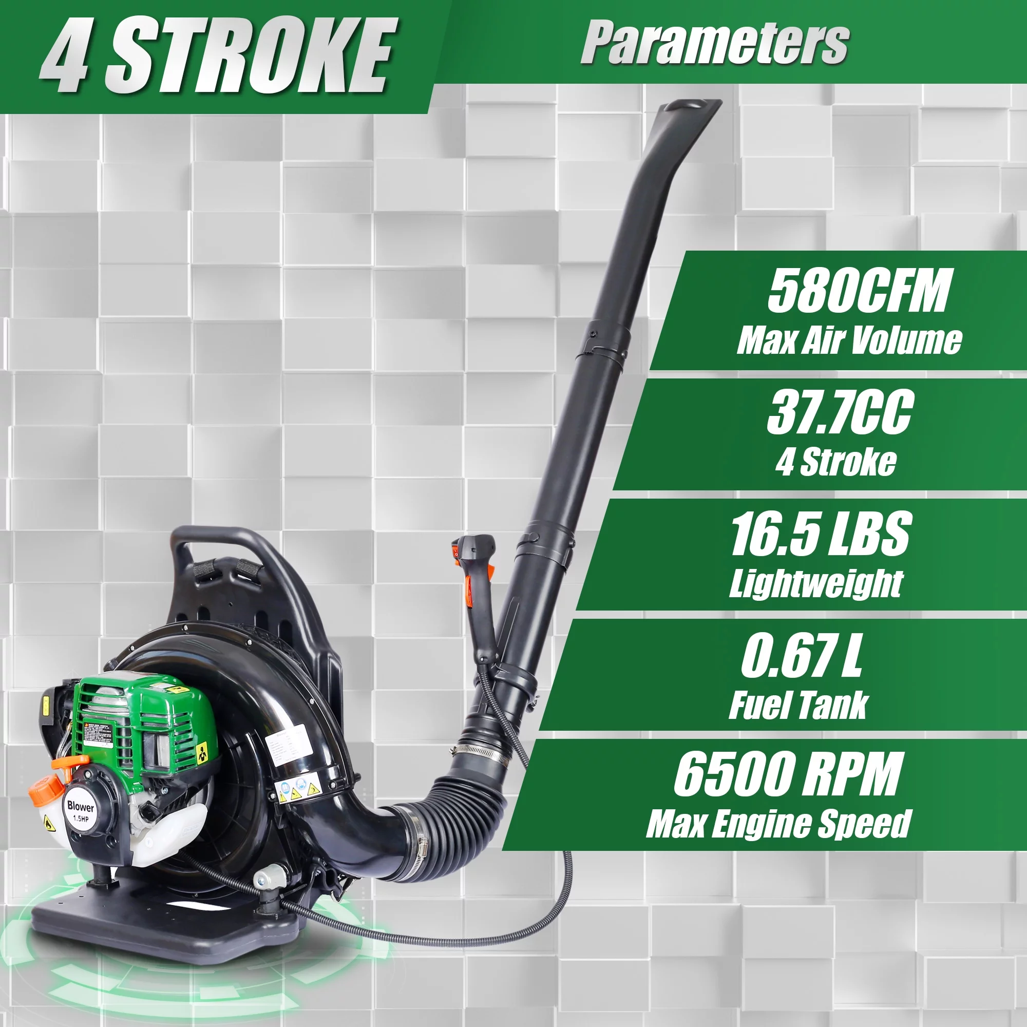 Backpack Leaf Blower 580CFM, 37.7cc 4 Stroke Gas Leaf Blower with Extention Tube for Snow Blowing and Cleaning, Green
