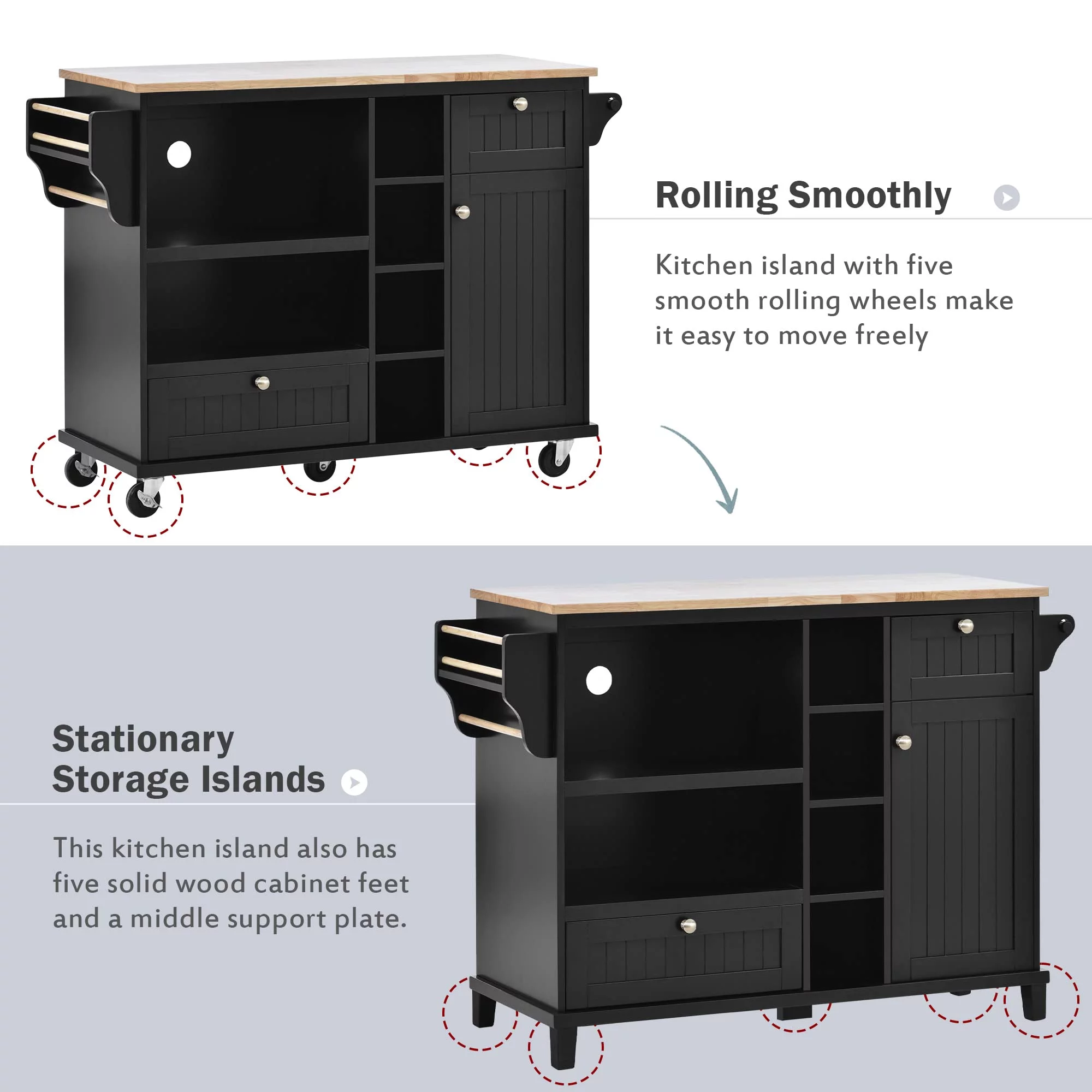 Kitchen Island on Wheels with Two Locking Wheels, Rolling Kitchen Island with Solid wood desktop, Kitchen Island Cart with Microwave Cabinet, 2 Drawers, Shelves, Spice Rack, Towel Rack （Black）