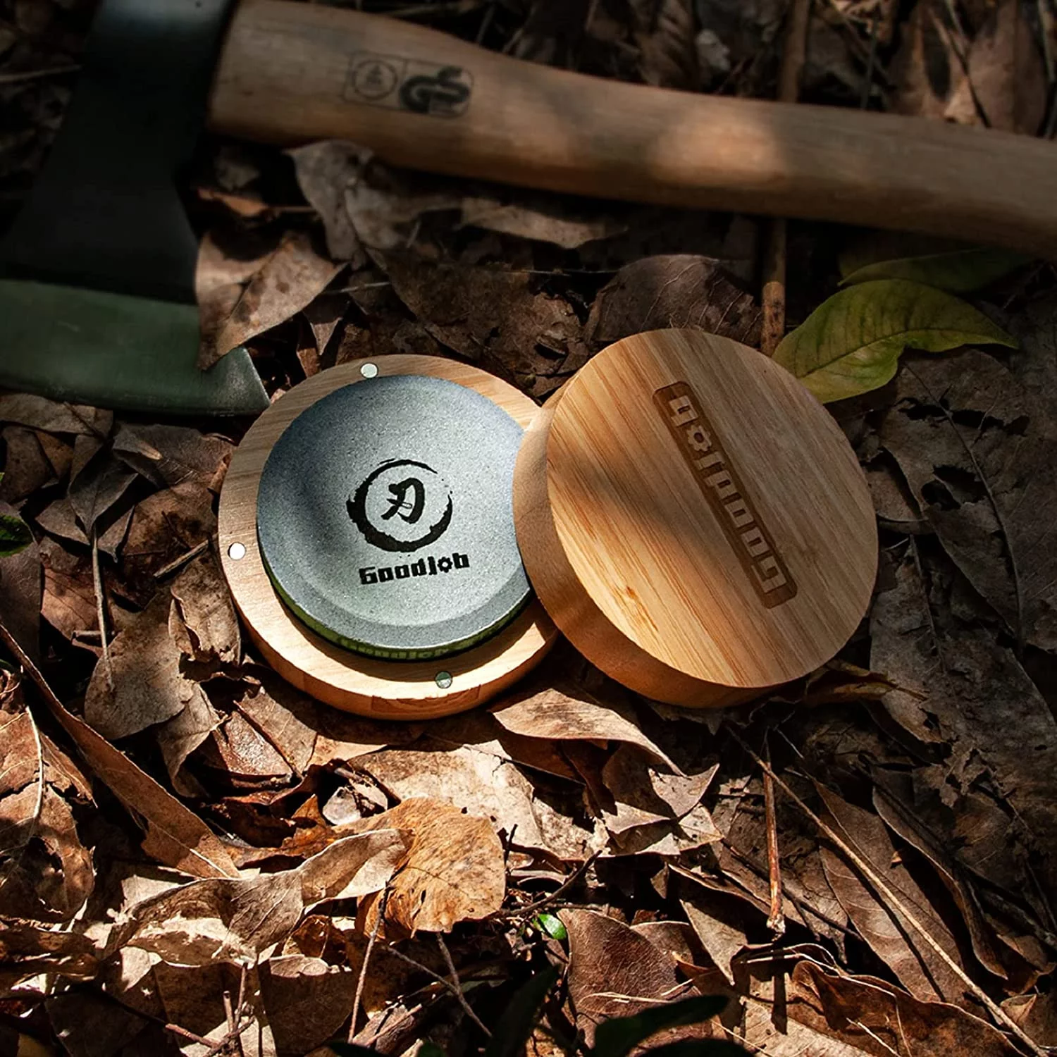 Goodjob Multi-Purpose Puck/Disk Hatchet & Axe Sharpening Stone, Dual Grit 150&320, 3.9 IN Large Whetstone, Easy to Master, Blade&Garden Tool Sharpener Stone,With Magnetic Bamboo Box