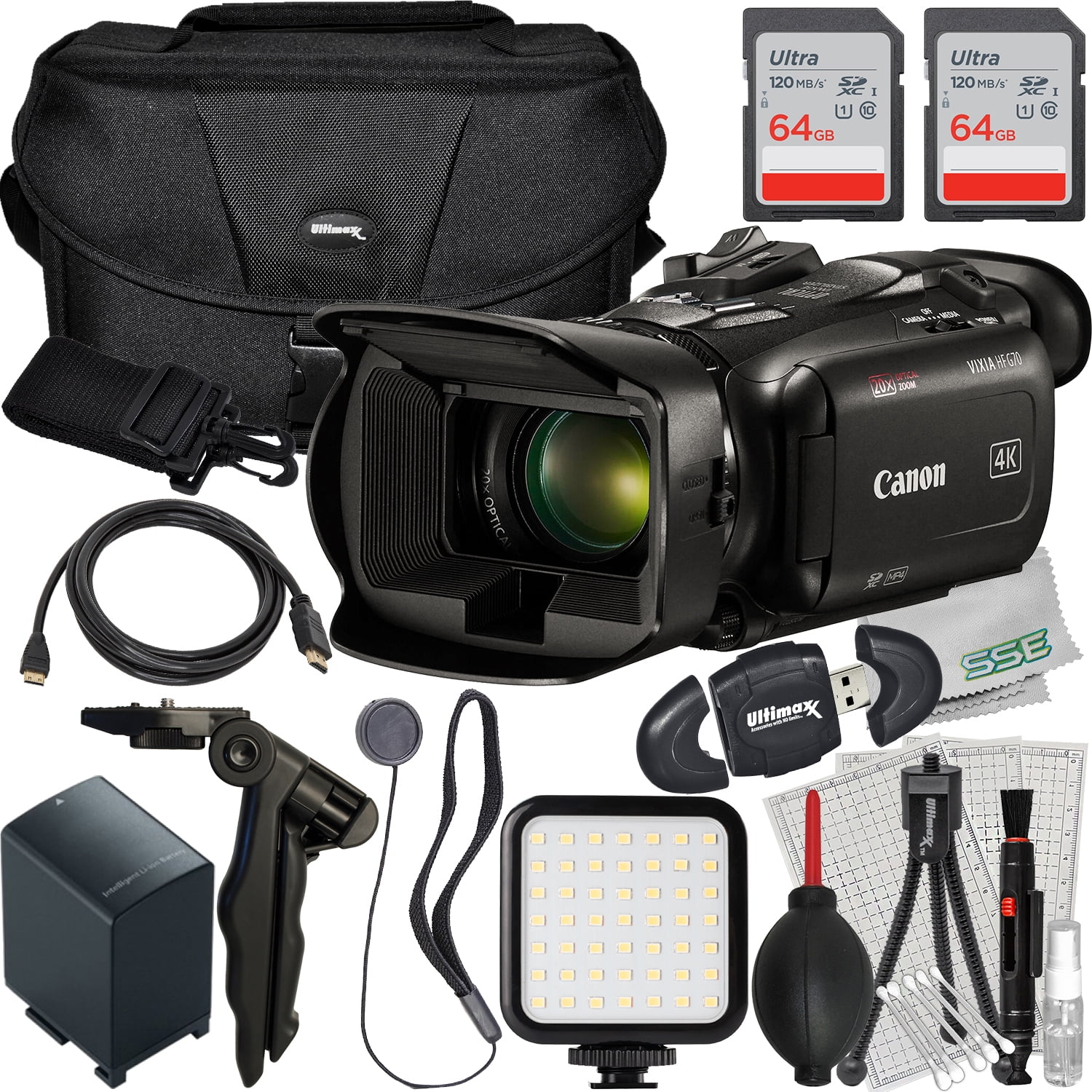 Ultimaxx Essential Canon G70 Camcorder Bundle - Includes: 2x 64GB Ultra Memory Cards, Spare Battery, Ultra-Bright LED Light Kit, Tabletop 6.5” Tripod & More (21pc Bundle)