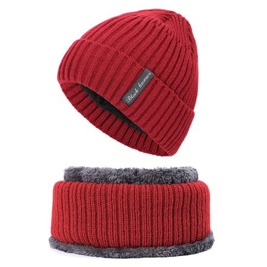 HESHENG 2PC Men Women Winter Beanie Hats Scarf Set Skull Cap Neck Warmer, Red