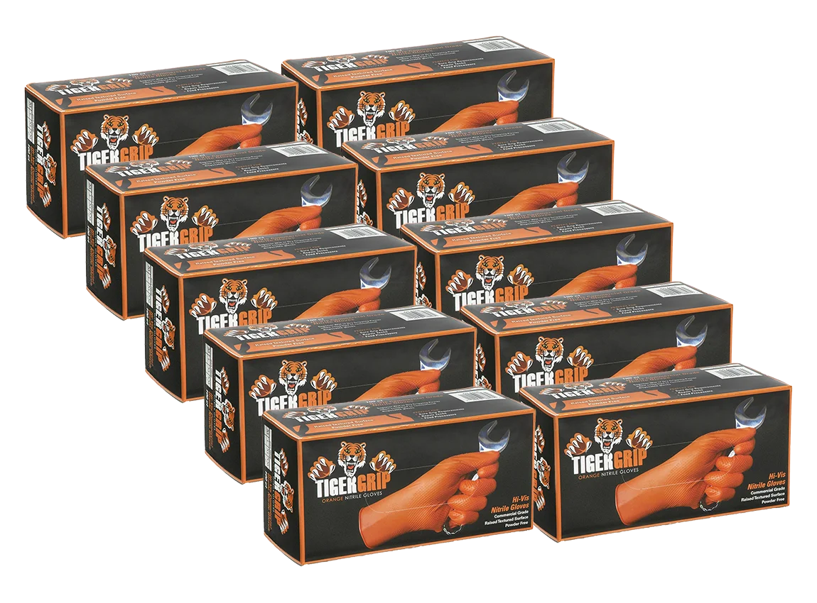 Eppco Tiger Grip Nitrile Gloves - Hi Vis Orange - 10 Boxes - Diamond Grip - XXL