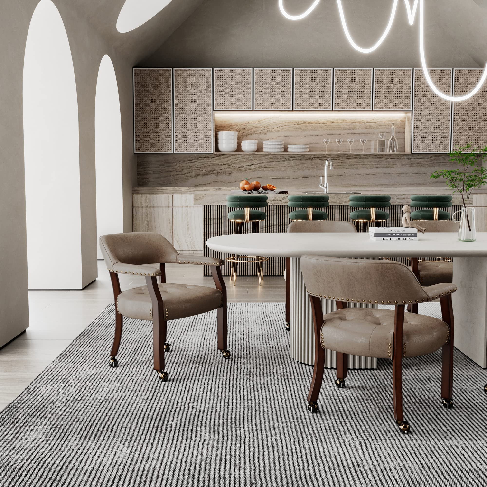 JESONVID Dining Chair with Casters Set of 2, Captain's Chair with Caster Dining Room Chairs with Rollers Curving Backrest Dinette Sets Poker Chair with Wheels Kitchen Table Rolling Chairs,Light Wheat