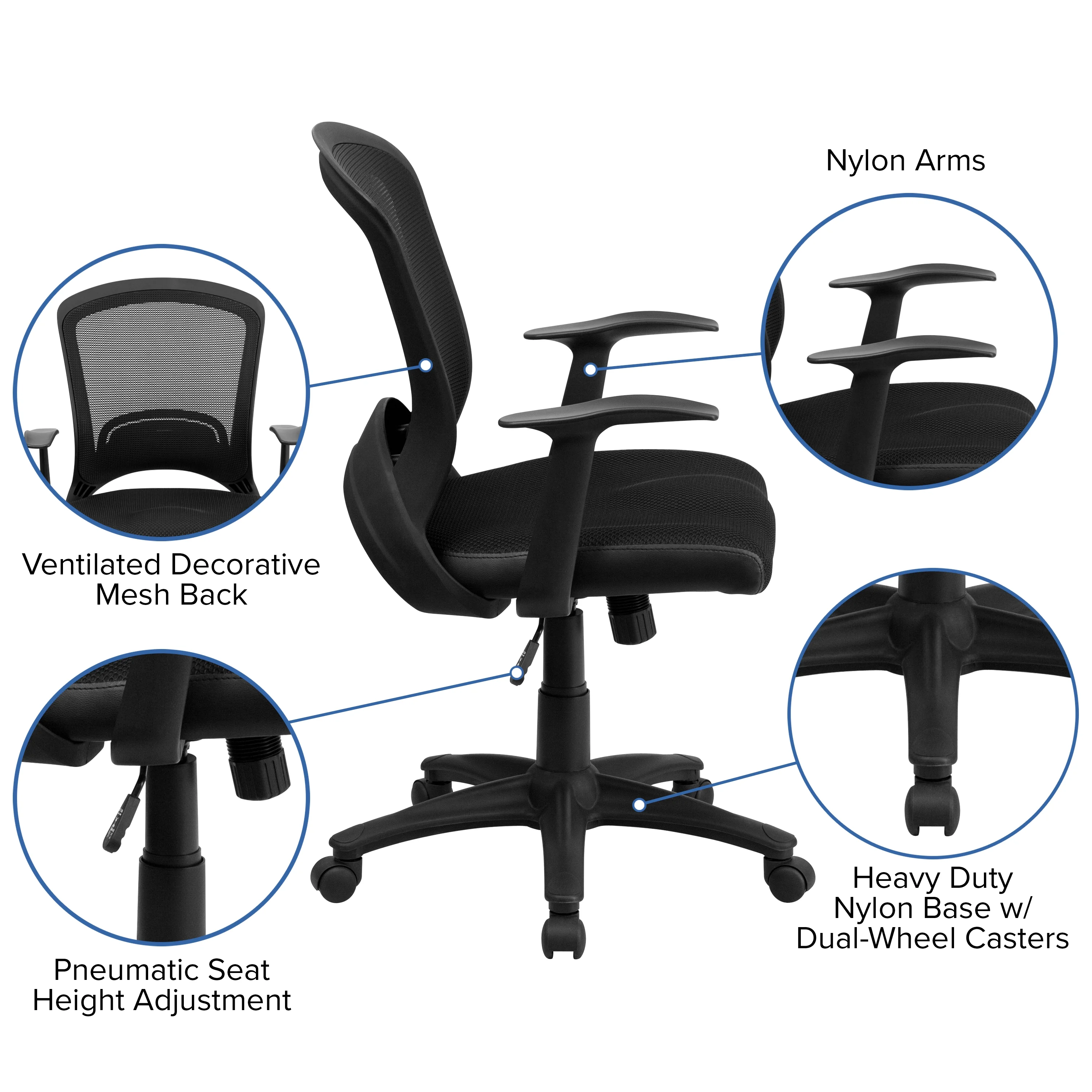 BizChair Mid-Back Designer Black Mesh Swivel Task Office Chair with Arms