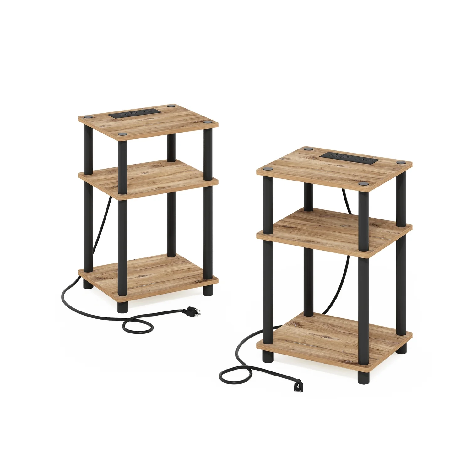 HomeStock 3-Tier Usb And Type-C Charging Port End Table With Open Storage, Flagstaff Oak/Black, Set Of 2
