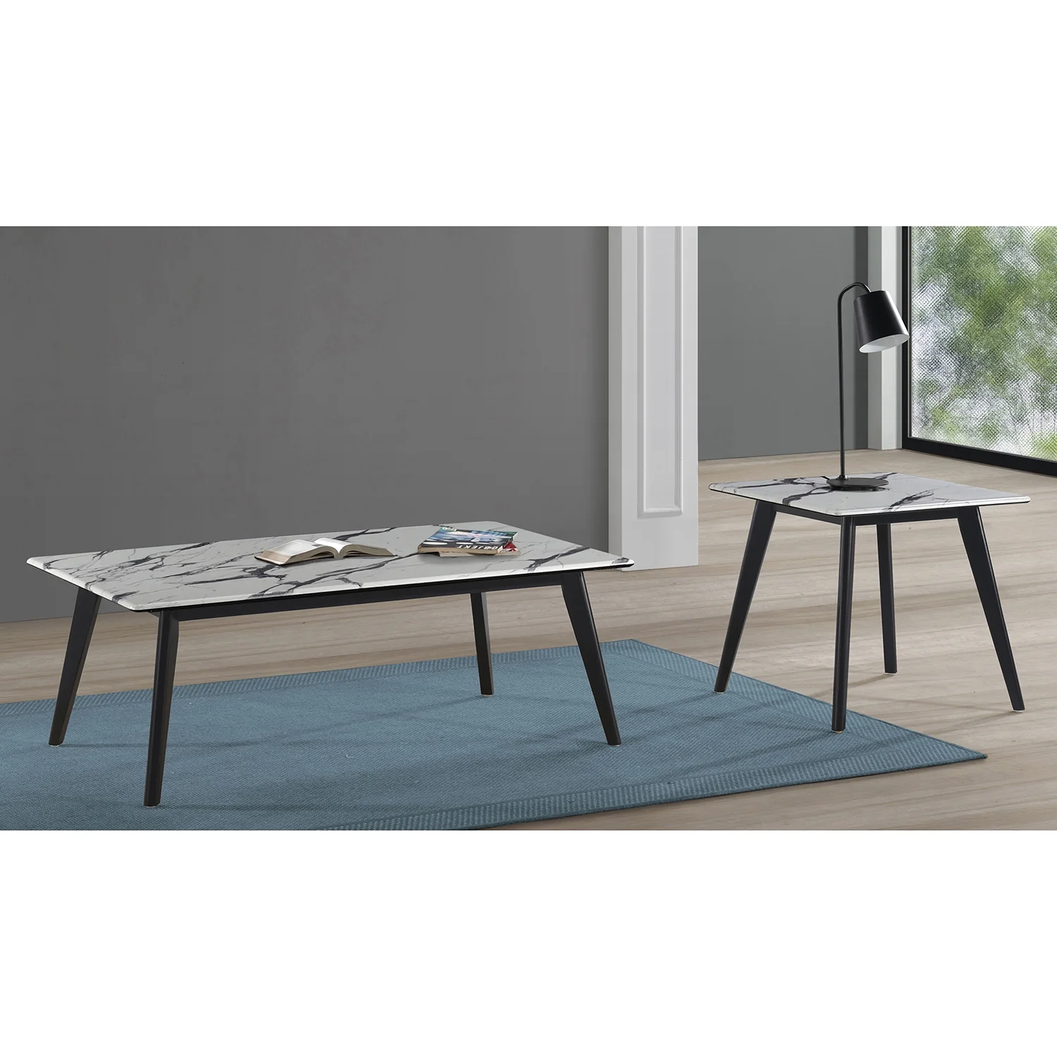 Square Faux Marble Top End Table Black and White