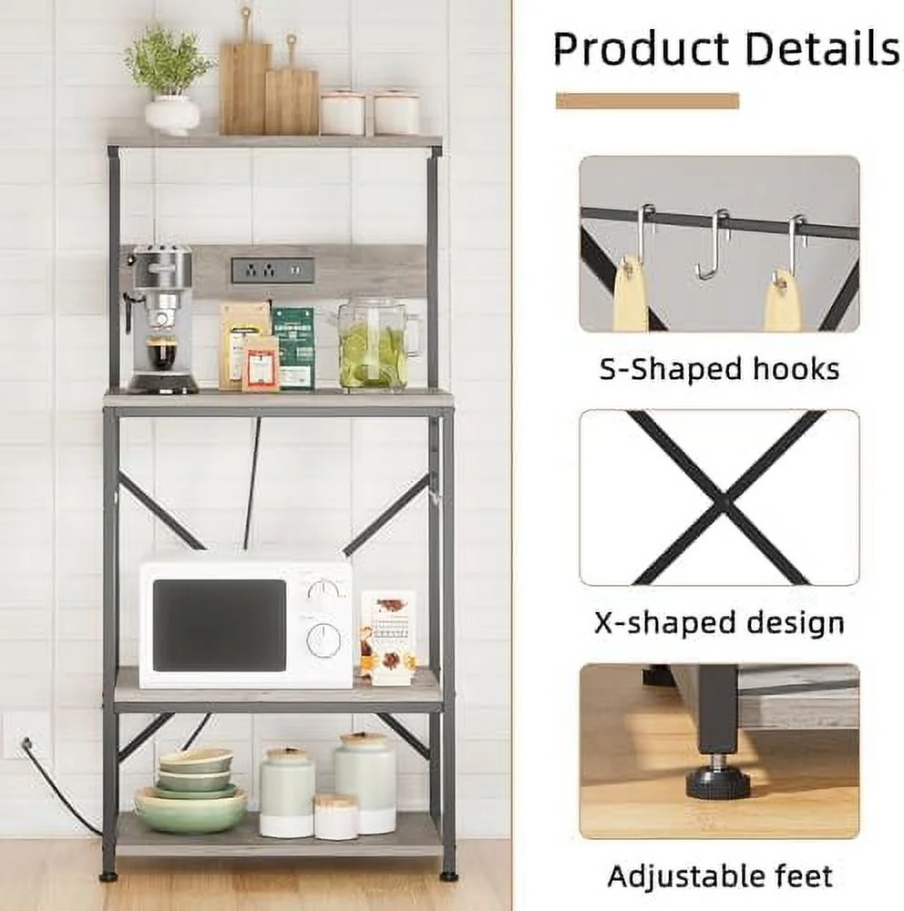 MQLIFEBOOM Kitchen Bakers Rack with Power Outlet  Coffee  Cabinet  Kitchen Cart  Large Microwave Stands Cart with 6 S-Shaped Hooks  Wine Glass Holder and Basket (35.43''  Rustic B