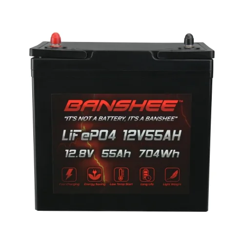 Banshee Li-Iron LiFePO4 12V 55AH Rechargeable Lithium Battery 1280 Wh with Built in BMS Deep Cycle Battery with M6 Insert Terminals