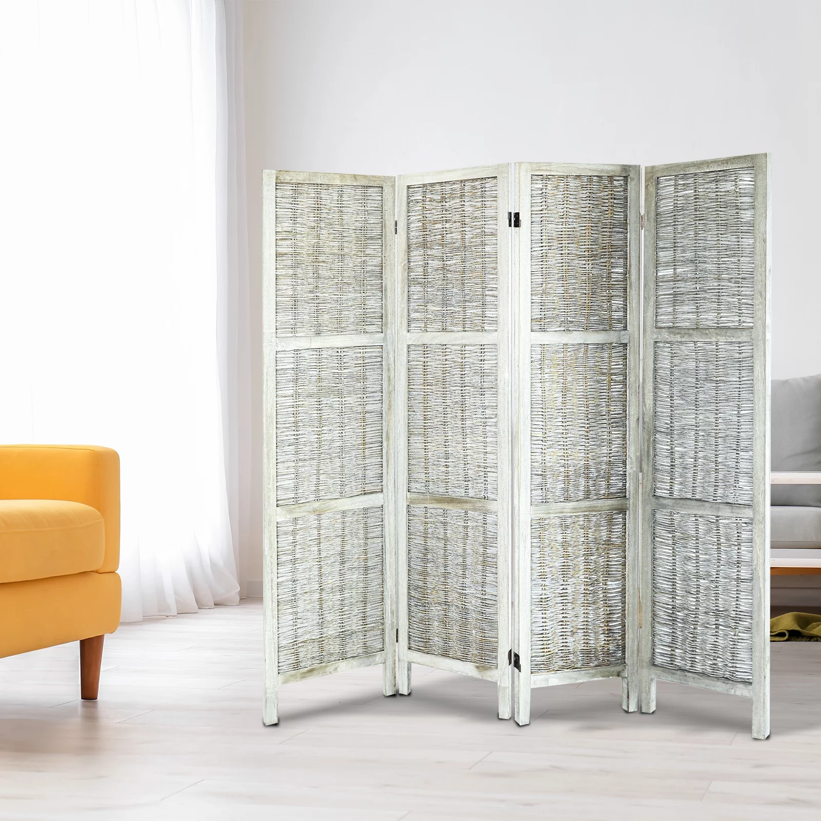 Ecomex 4 Panel Room Divider, Grass Willow Hand-Woven Folding Screen, 64