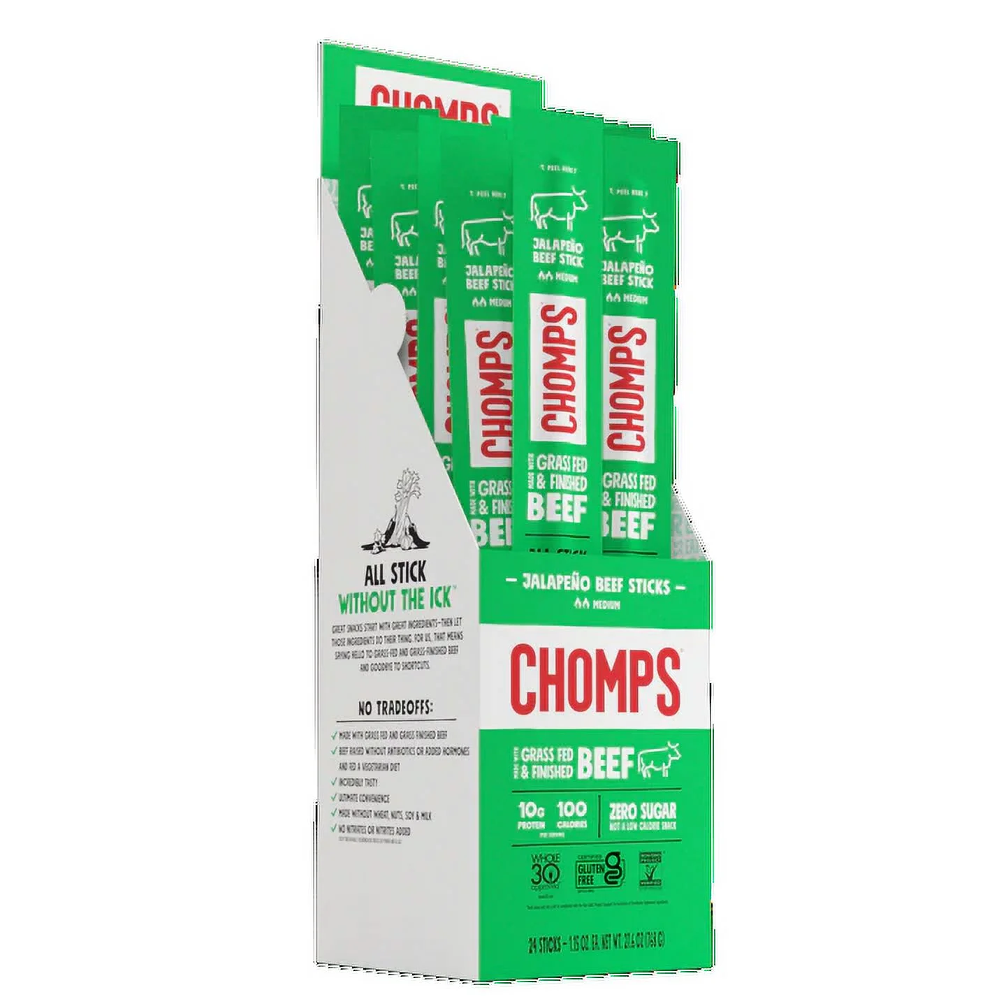 Chomps Grass Fed Beef Jerky Sticks, Jalapeno Beef, High Protein, Gluten Free, Sugar Free, Whole 30 Approved, 24ct 1.15oz