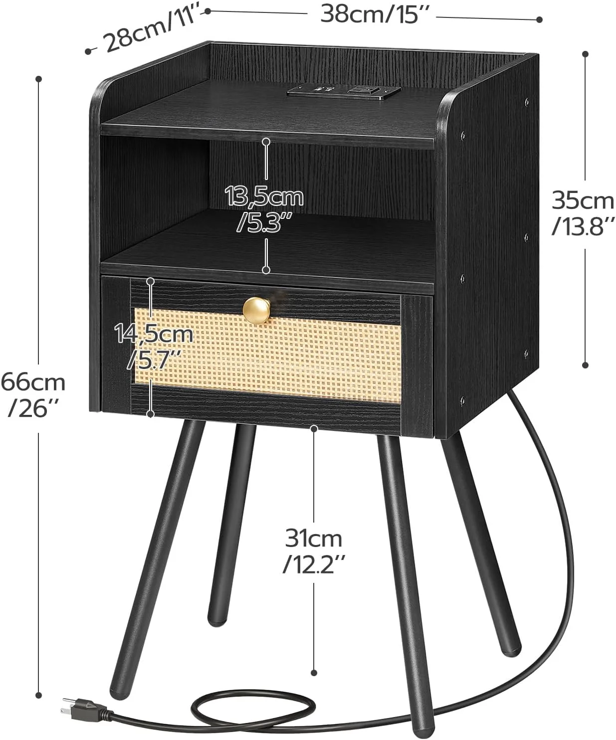 HOOBRO Set of 2 Nightstand Modern End Table Flip-Down Drawer Rattan Bedroom Office Study Room Black BB92UBZP201