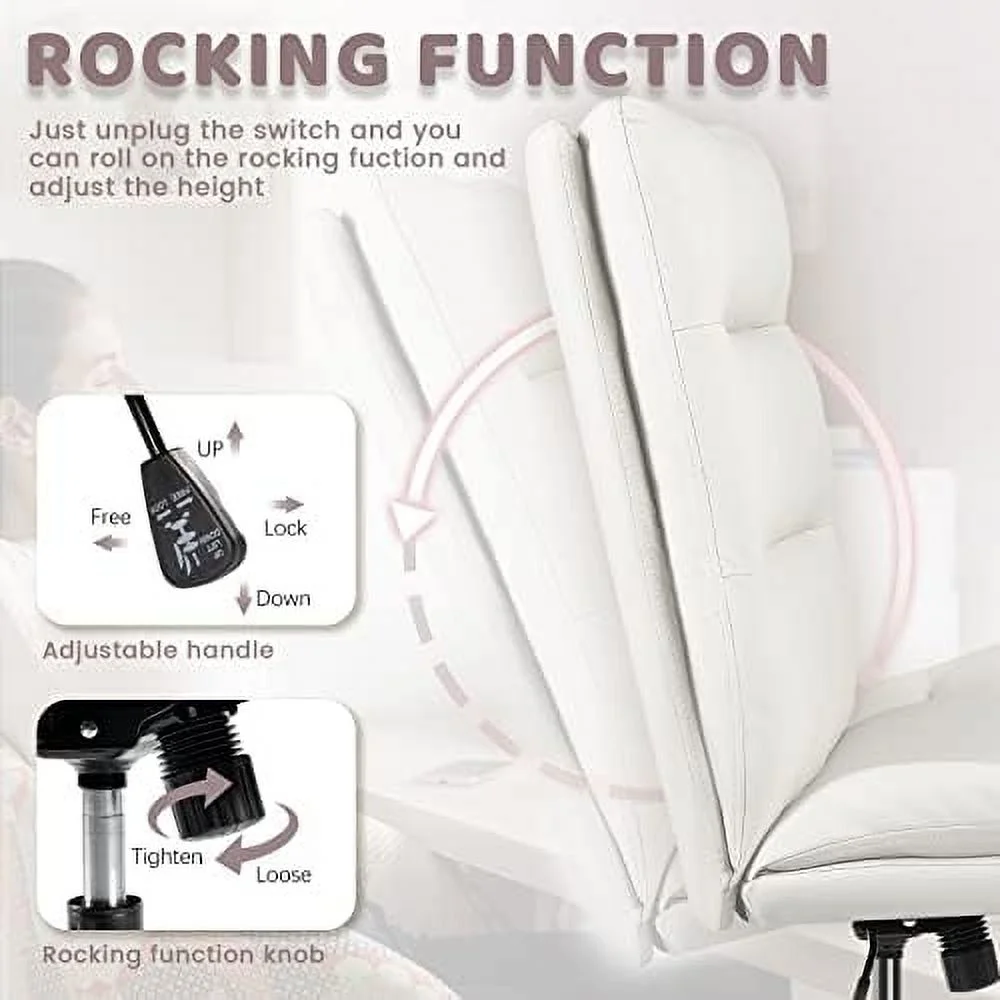 SJOINMB PU-Padded Armless Office Desk Chair No Wheels High-Back Wide Seat Home Chair 120° Rocking Cross Legged Computer Task Chairs Modern Adjustable Swivel Vanity Chairs (White)