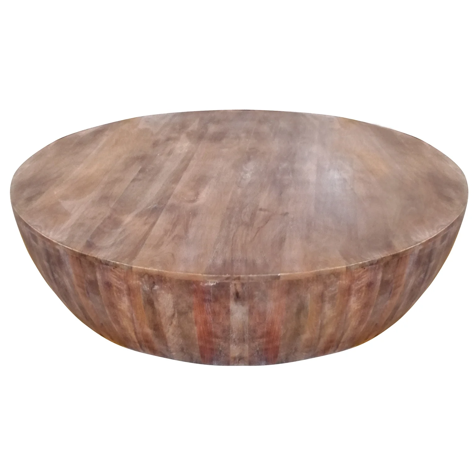 Maykoosh Urban Oasis Handcarved Drum Shape Round Top Mango Wood Distressed Wooden Coffee Table, Brown