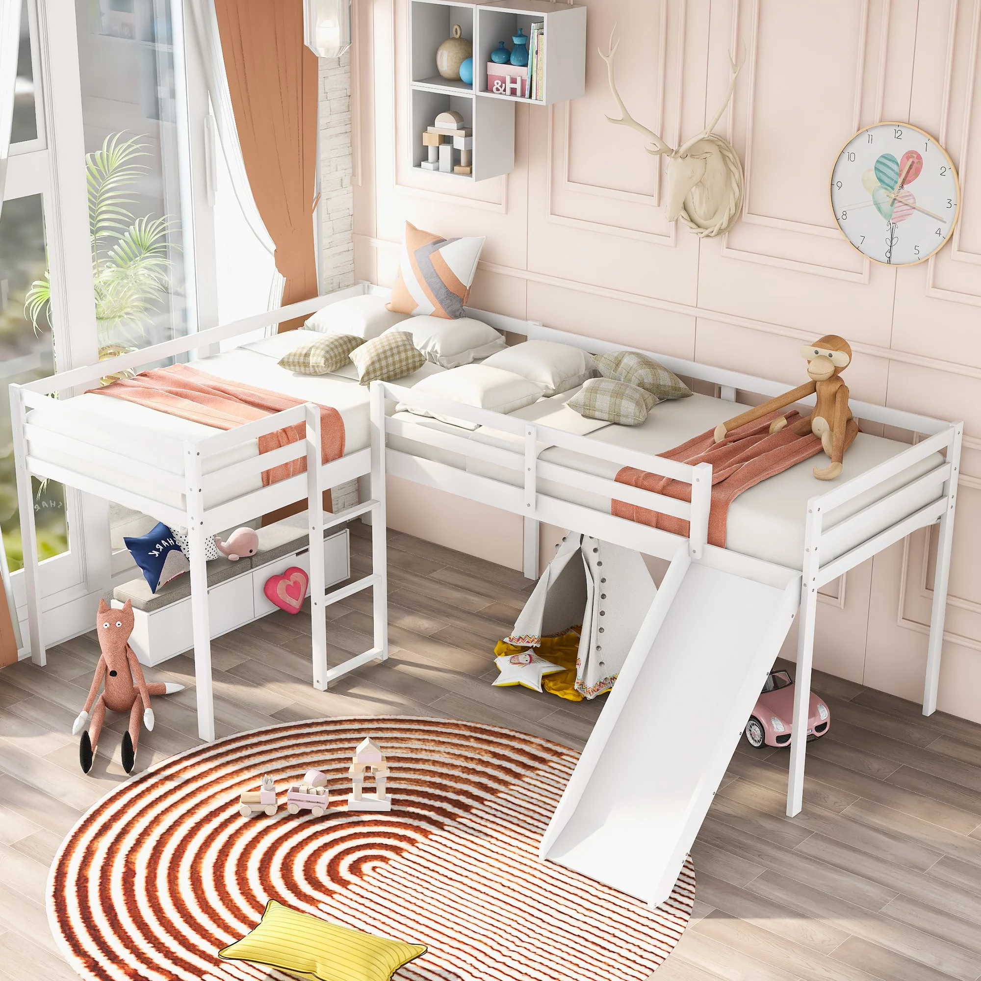 Churanty L-Shaped Loft Bed with Slide, Wooden Low Loft Beds for 2 Kids , Twin Size Low Loft Bed with Built-in Ladders, White