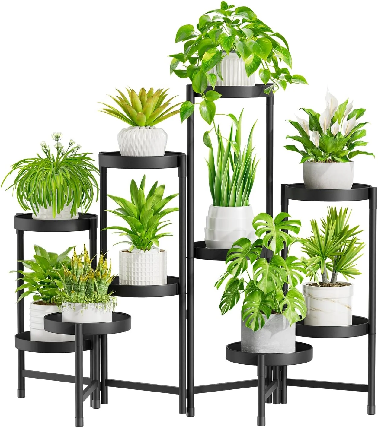 10 Tier Metal Plant Stand: Indoor/Outdoor Tall Corner Shelf for Multiple Plants, Folding Flower Display Rack (Black)