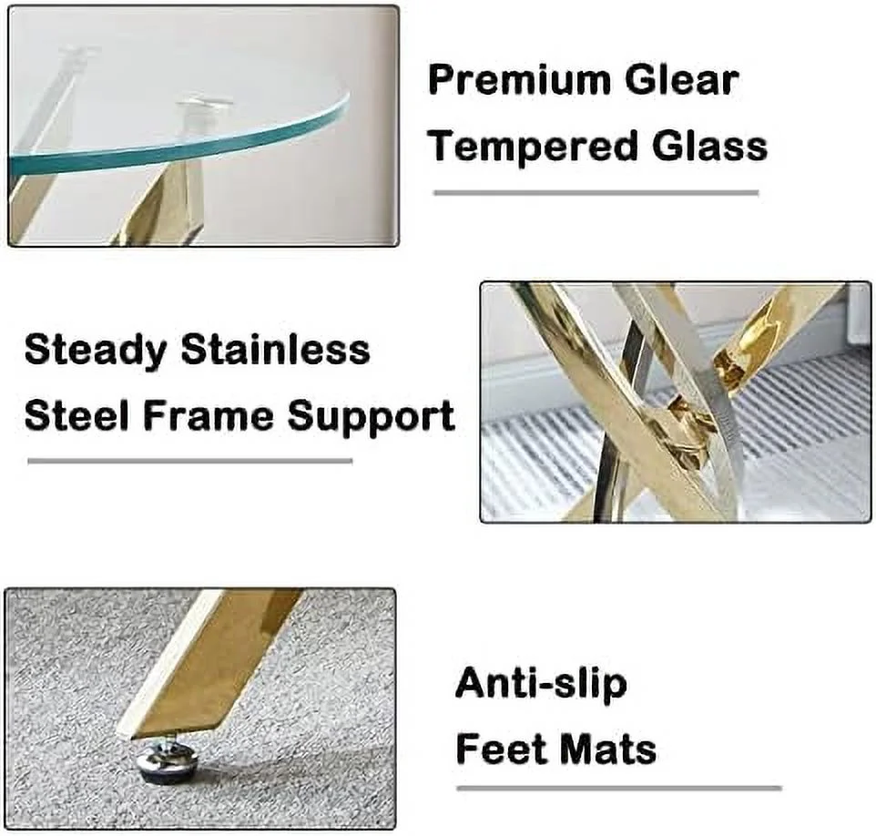 ZFGSUIJN 35Inch Modern Round Coffee Table Tempered Glass Center Table   Gold Stainless Steel Feet with Adjustable Pad  Elegant Glass Tea Table with Clear Glass Top