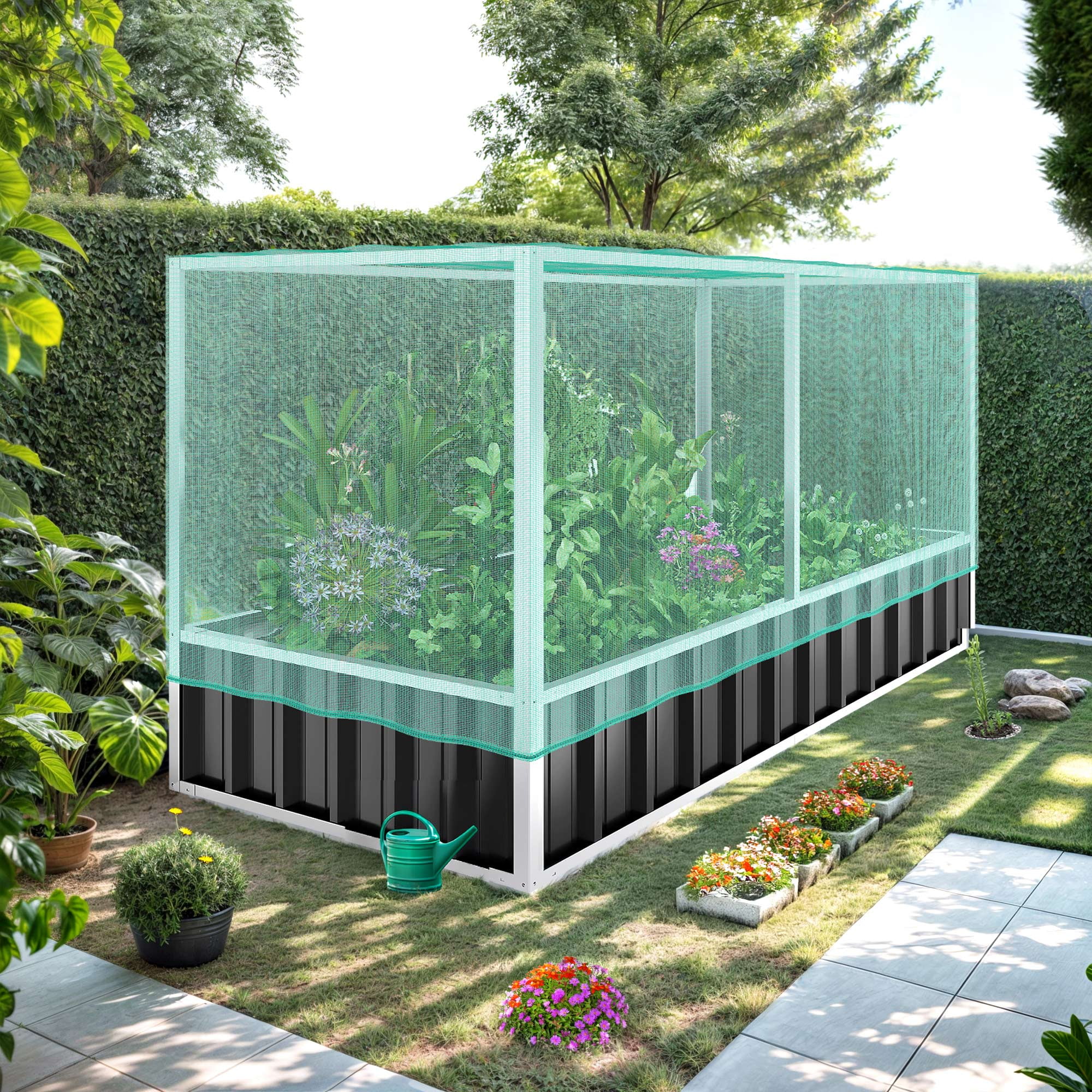 ModFusion 5.7x3x2.9 Ft Tall Raised Gardening Bed, Anti-Bird Protection Netting, Galvanized Steel Metal, Outdoor Planter Kit Box, Dark Gray