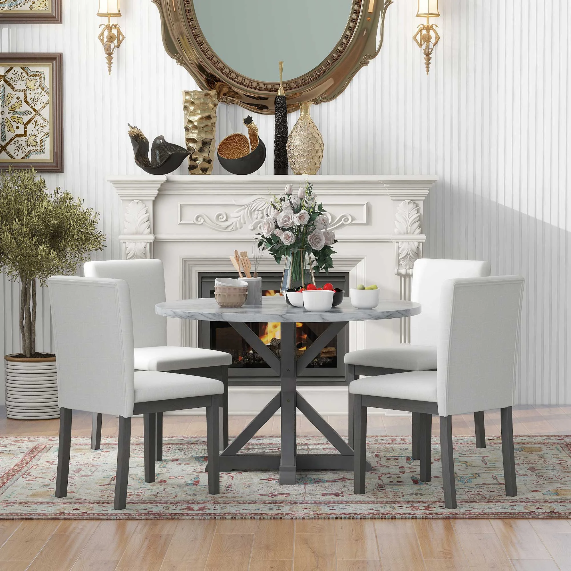 CoSoTower 5-Piece Farmhouse Style Dining Table Set, Marble Sticker and Cross Bracket Pedestal Dining Table, and 4 Upholstered Chairs (White+Gray)