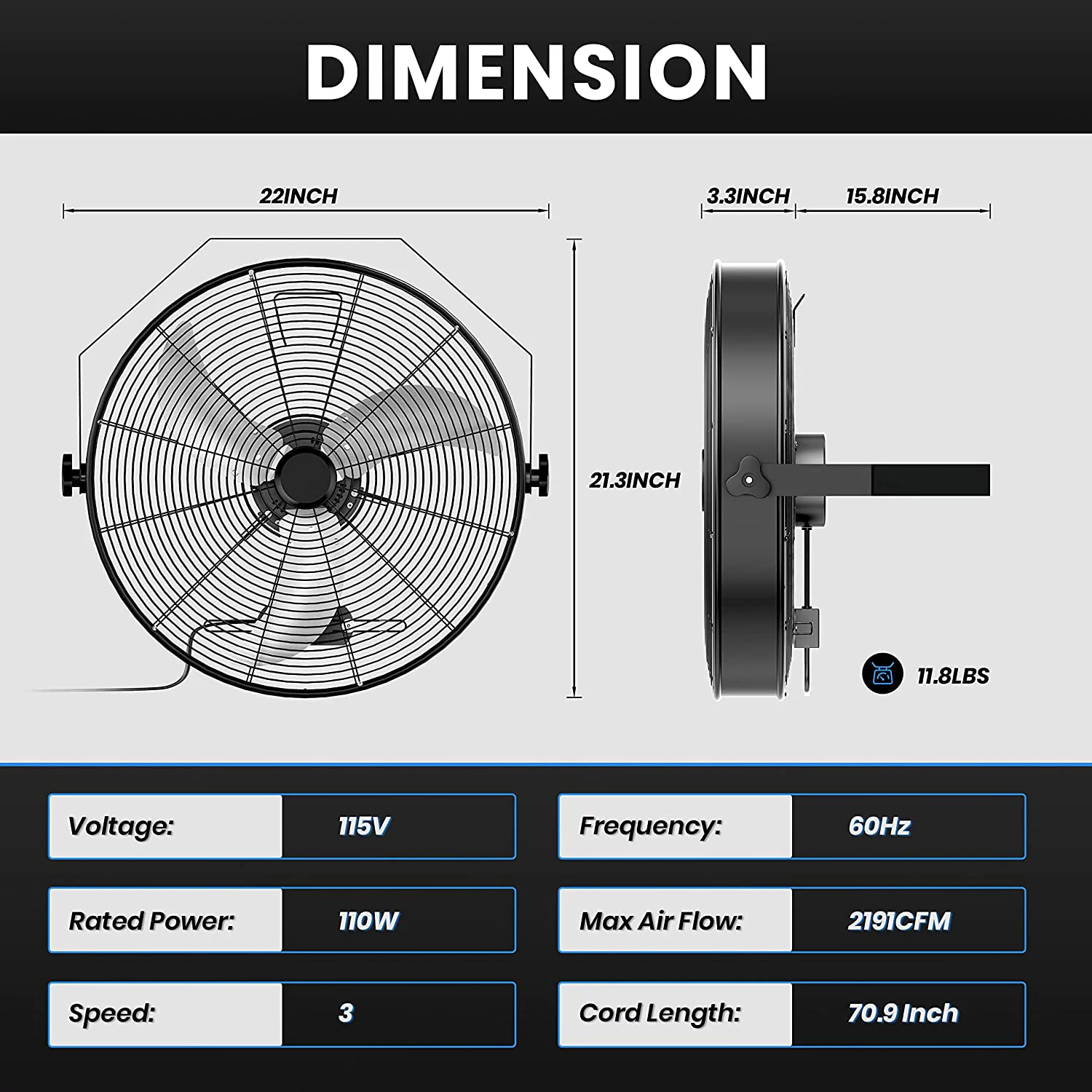 Simple Deluxe 18 inch High Velocity Wall Mount Fan with Rack, 3 Speed Industrial/Commercial Metal Ventilation Fan