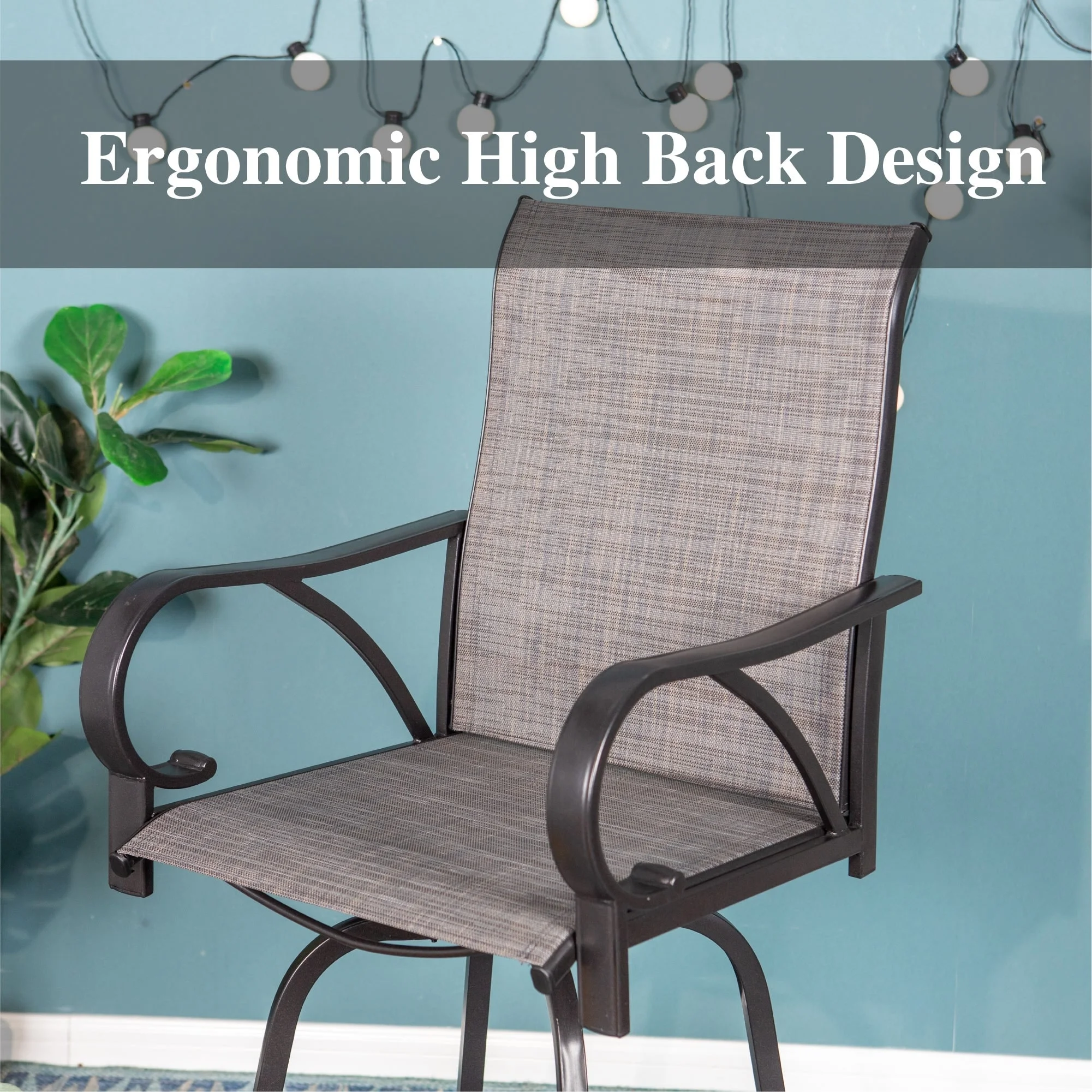 3/5-Piece Patio Bar Stool Set Wood-look Table & Grey Textilene Sling Fabric Swivel Bar Stools 5-Piece