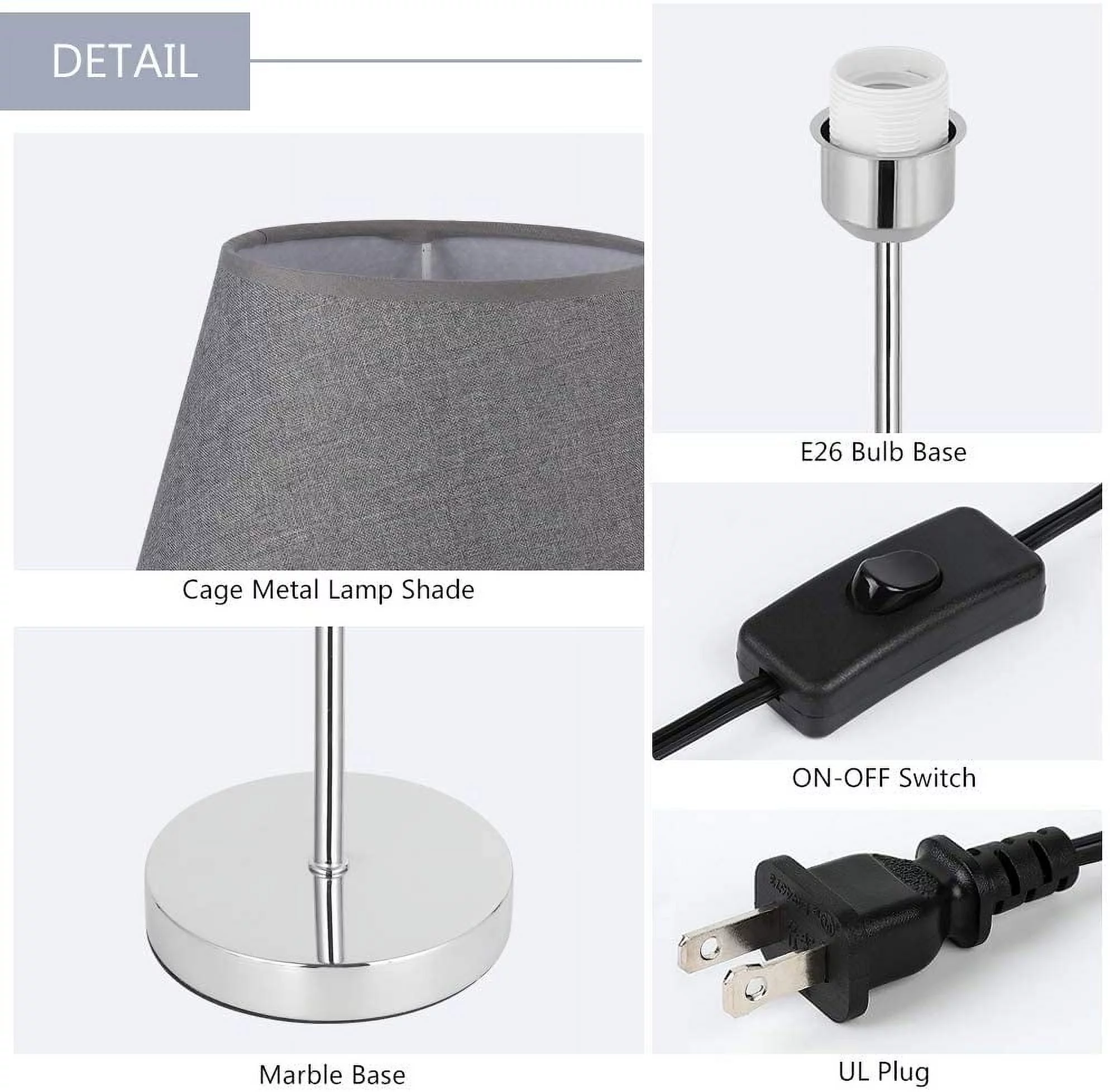 Bedside Lamps Set of 2 with Metal Base Fabric Lamp Shade, Modern Nightstand Lamps Black/Silver