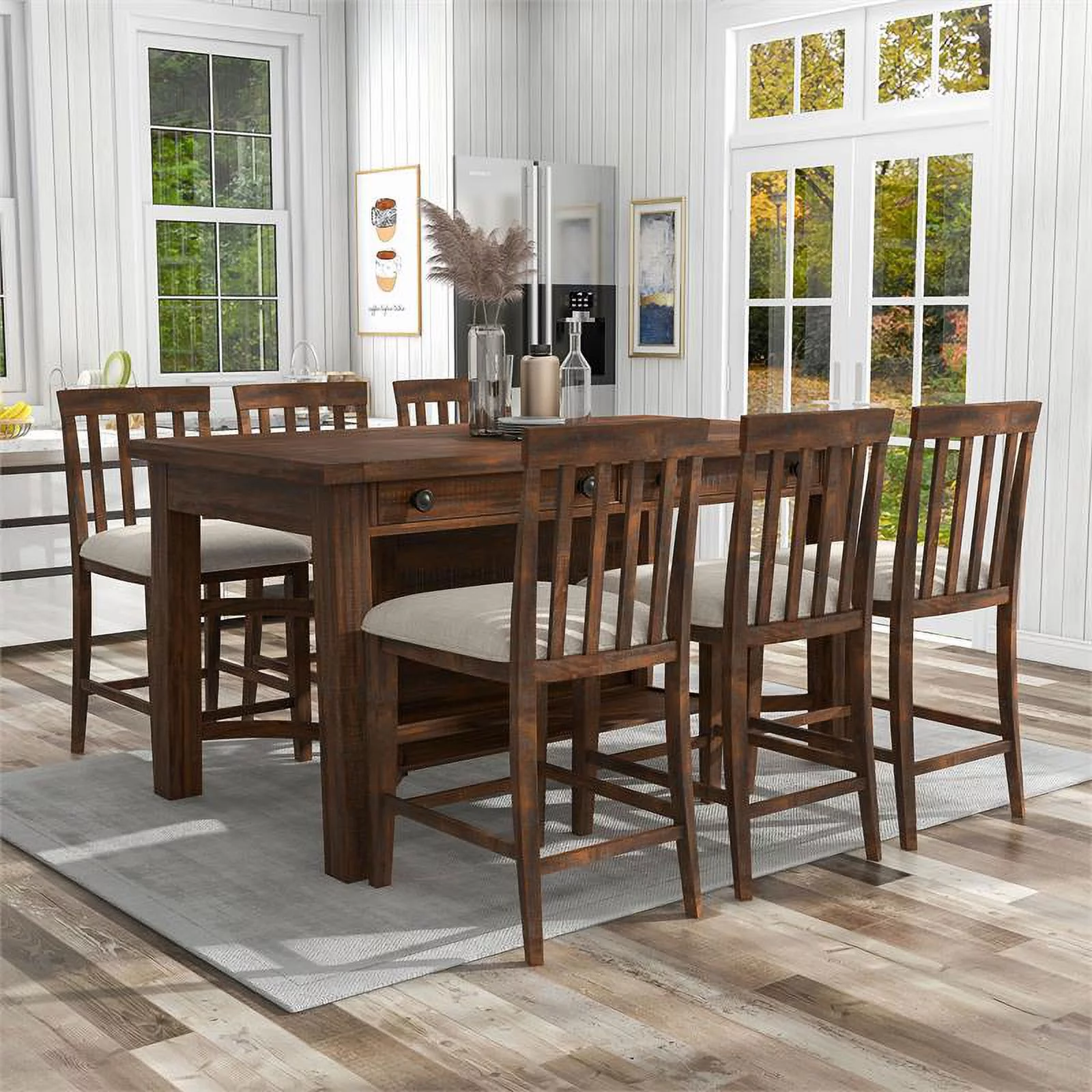 Furniture of America Ena Rustic Solid Wood 7-Piece Counter Dining Set in Oak