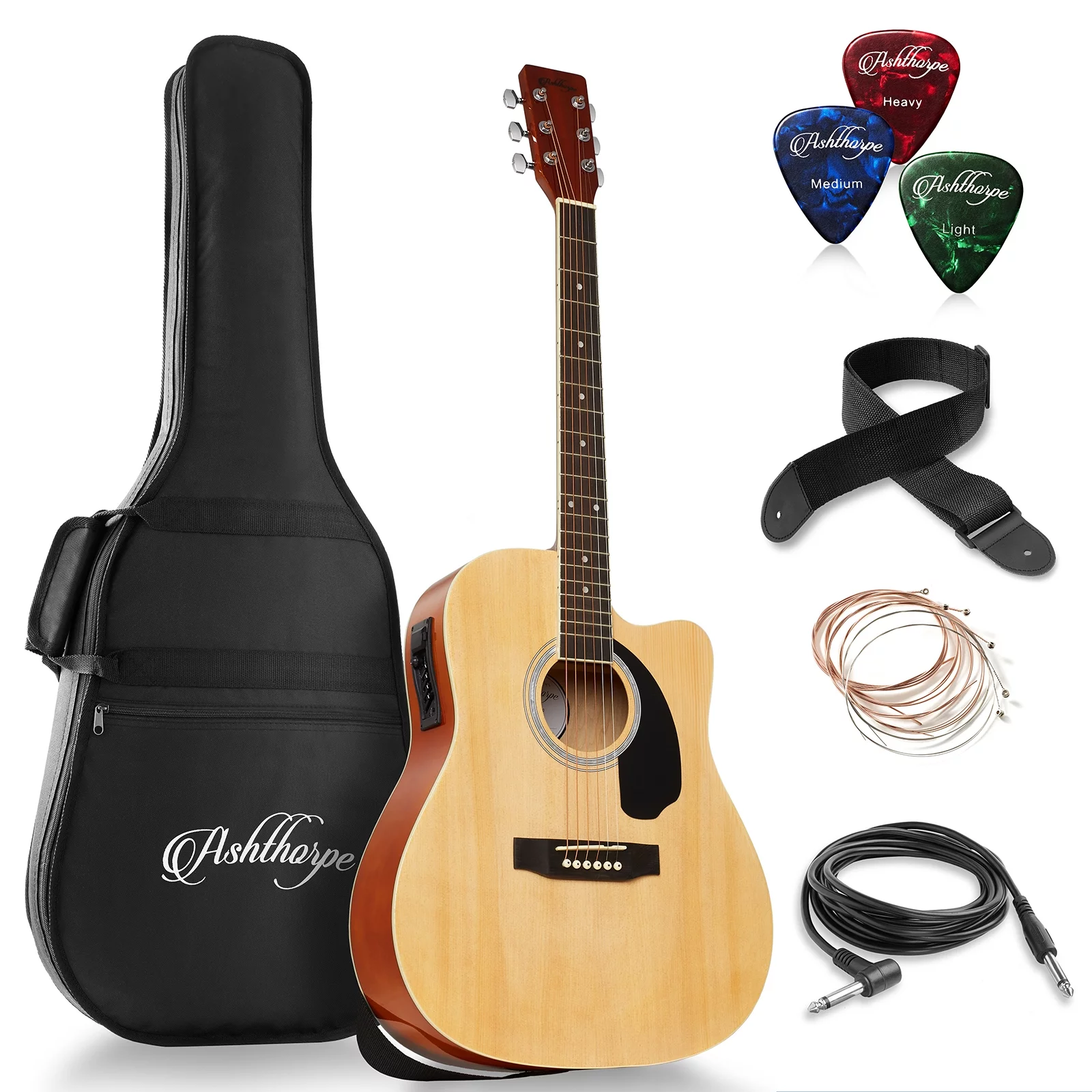 Ashthorpe Full-Size Dreadnought Cutaway Acoustic-Electric Guitar Bundle, Premium Tonewoods, Natural
