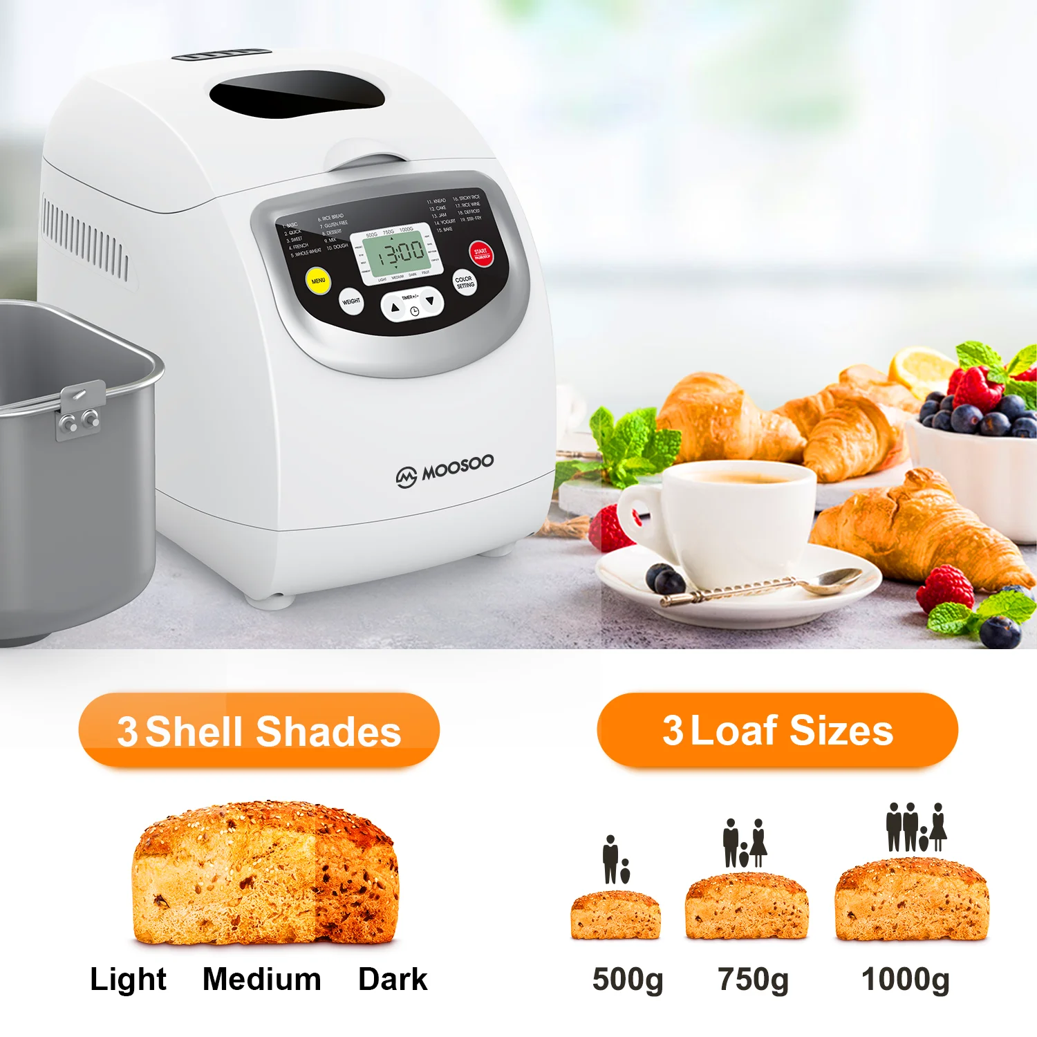 MOOSOO 2lbs Bread Machine, Automatic Bread Maker Machine with 19 Automatic Programmed Setting