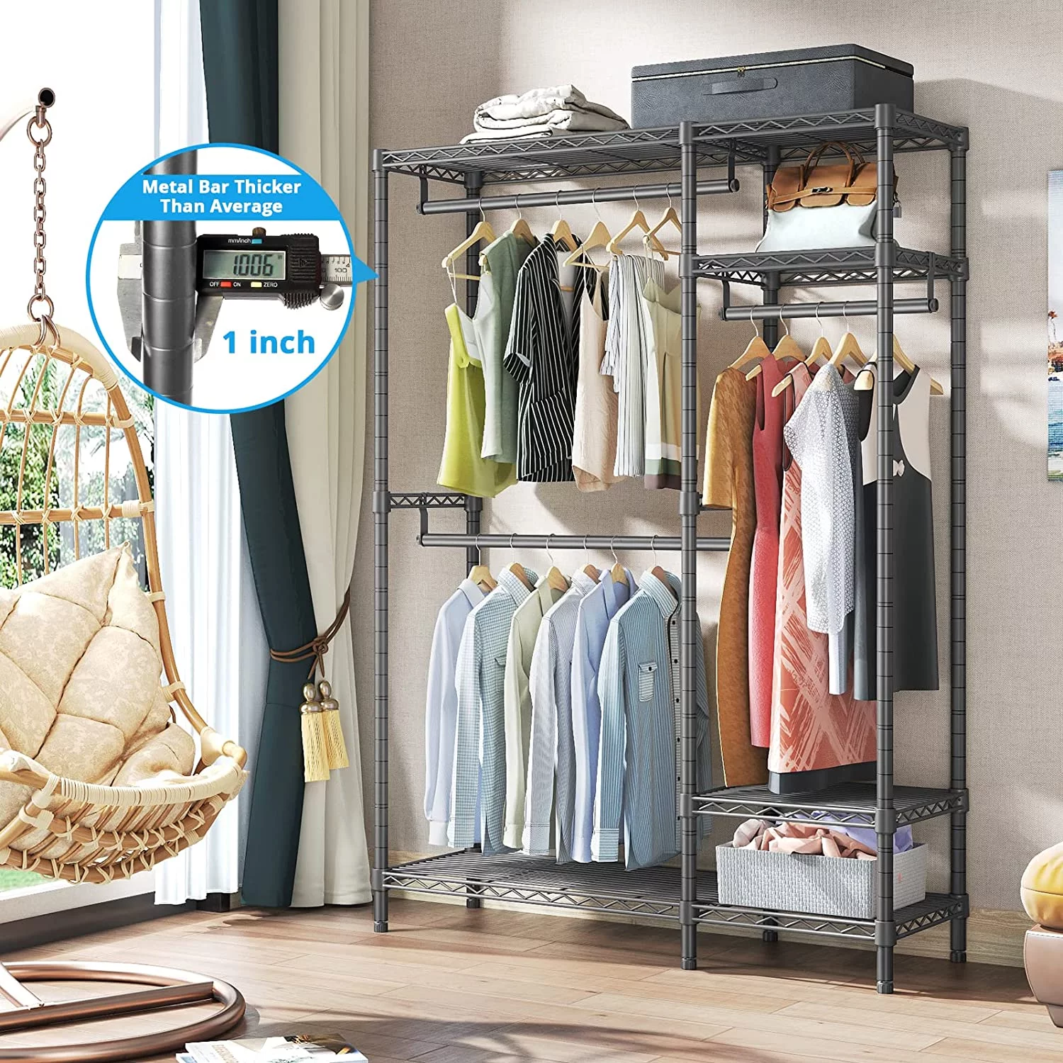 V2S Garment Rack Heavy Duty Metal Clothing Rack, 4 Tiers Wire Shelving Clothes Rack with 3 Hanging Rods, Free Standing Closet Wardrobe Portable Closet Rack, Max Load 650LBS, Grey