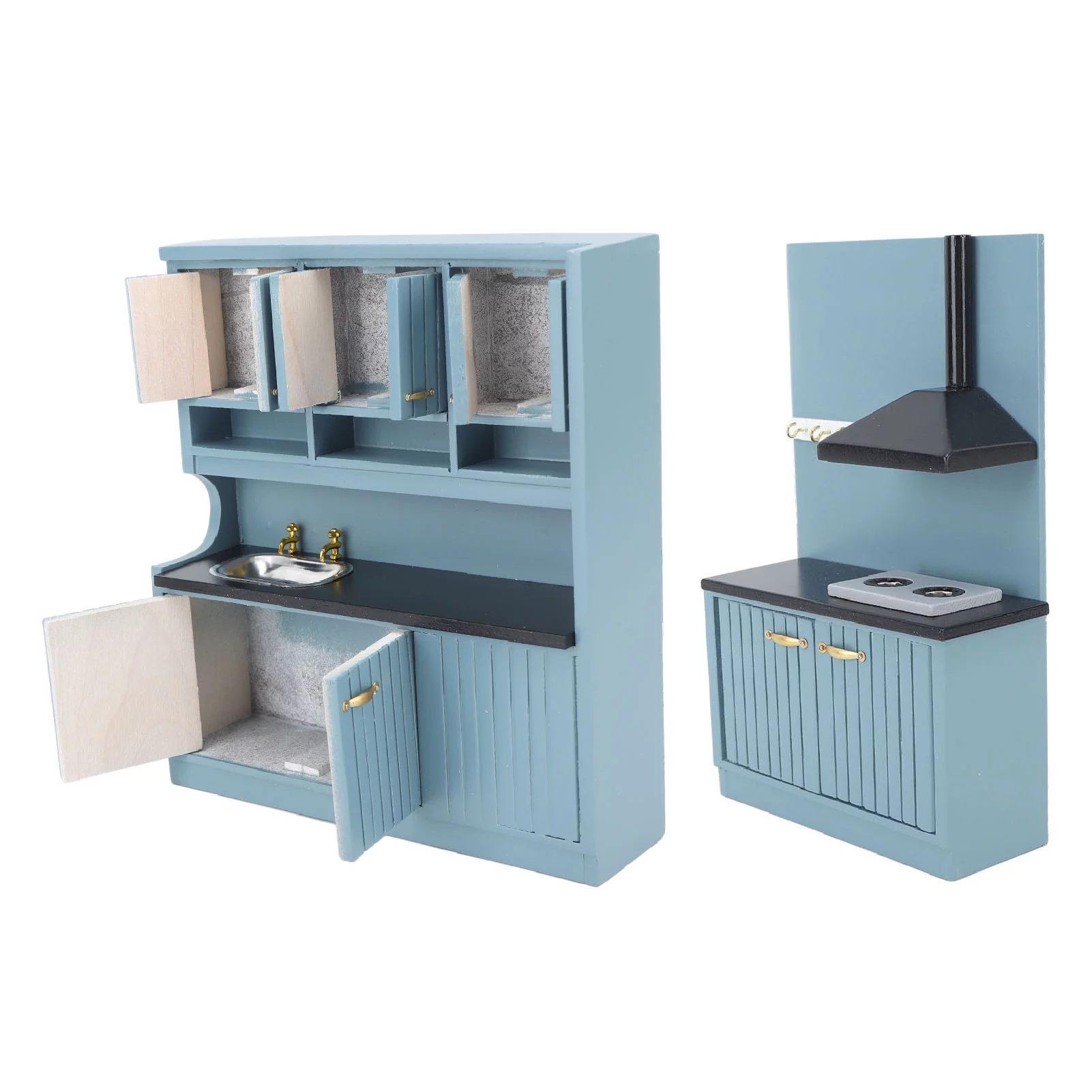 Goldmeet Dollhouse Kitchen Furniture Kit Innovative Hand Crafted 1:12 Scale Wooden Dollhouse Furniture Set Dark Blue