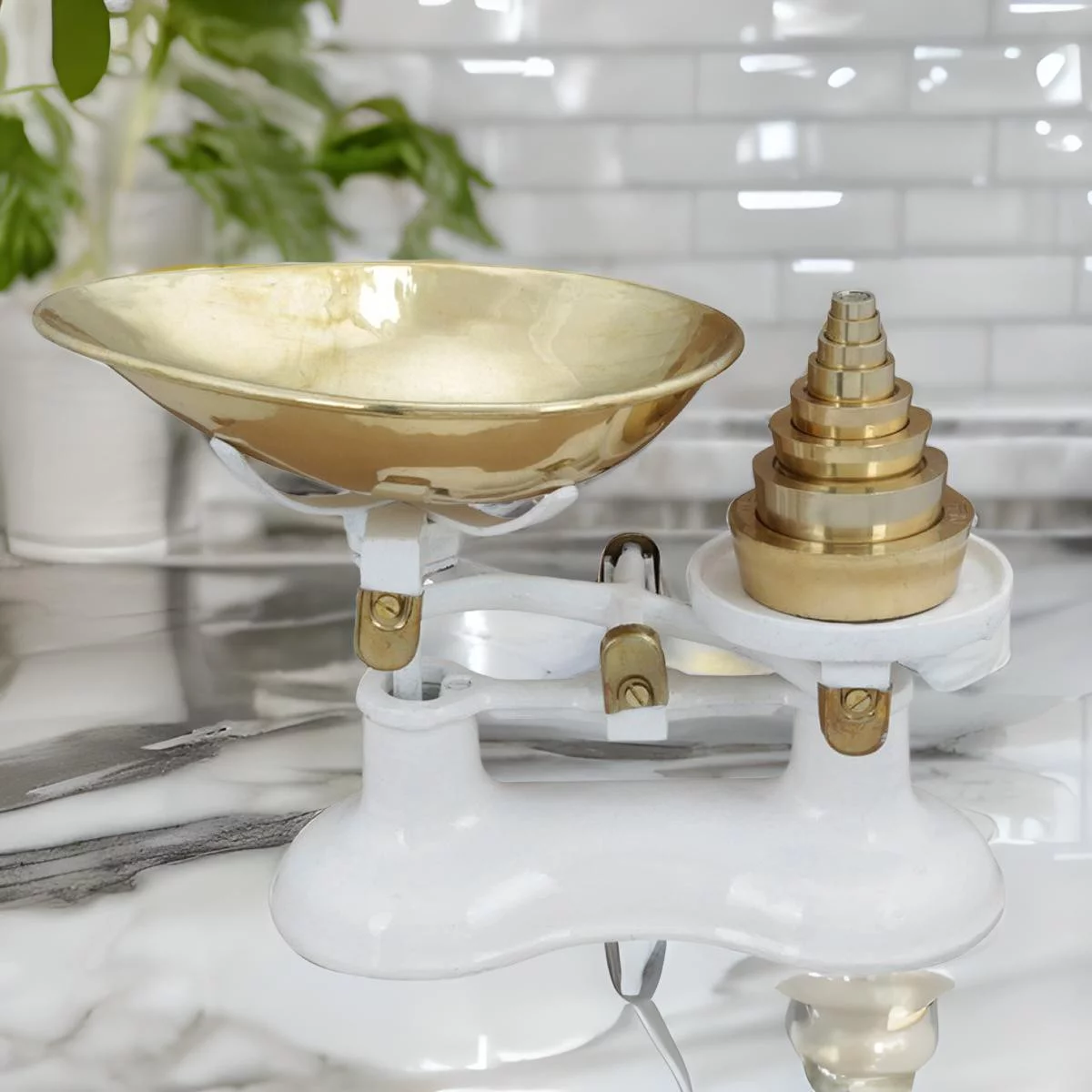 Renovators Supply Antique Kitchen Decor Counter Weight Scale w/Brass Bowl and Counter Weights for Decoration Purposes