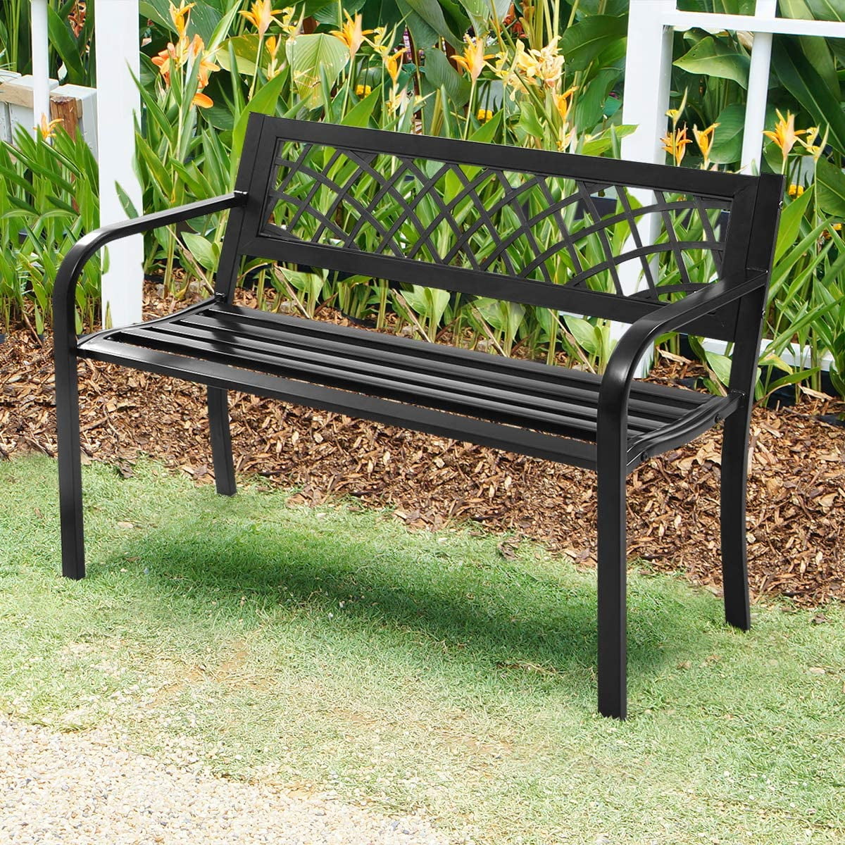 Patio Garden Bench Loveseats Park Yard Furniture Decor Cast Iron Frame Black (Black Steel W/PVC Mesh Pattern)