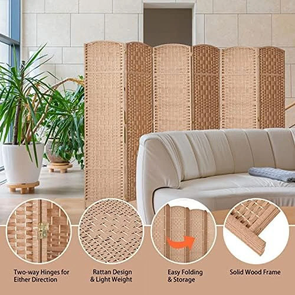ZWNLKQG RHF 6 ft. Tall 16" Wide- Weave Fiber Room Divider Double Hinged 6 Panel Room Divider/Screen  Room Dividers and Folding Privacy Screens 6 Panel  Freestanding Room Dividers-Ligh