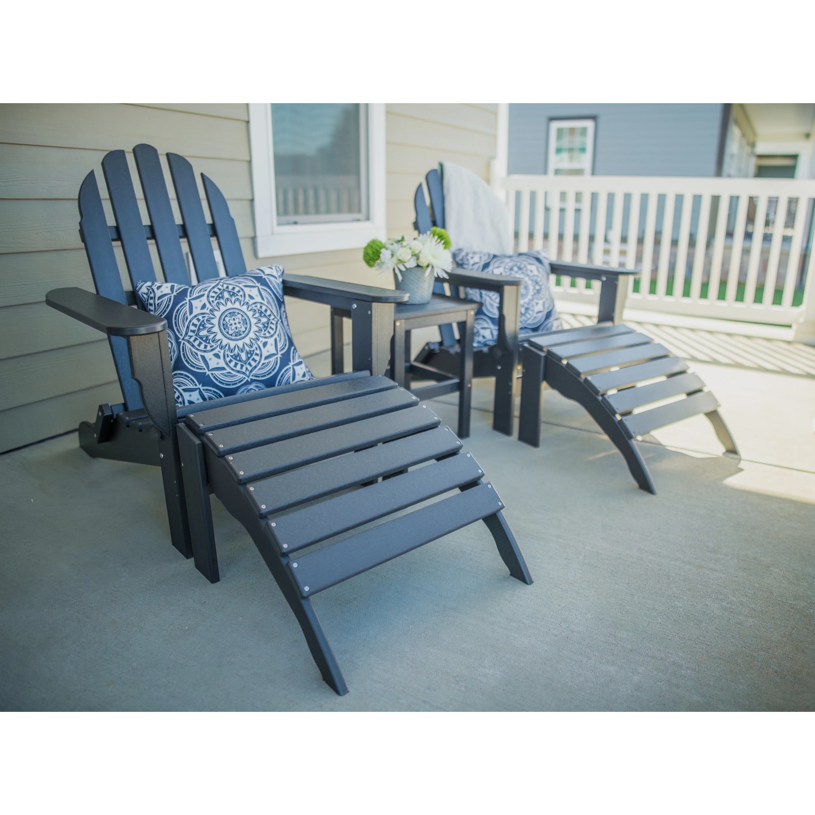 Havenside Home Wyndtree 4 Piece Recycled Plastic Folding Adirondack Chair with Ottoman Set, Made in USA White