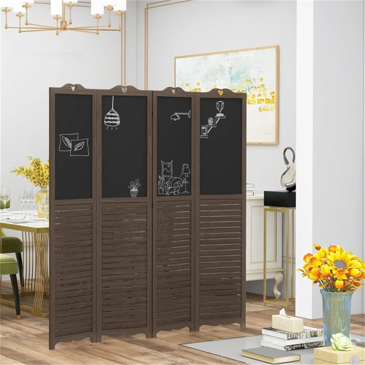 Room Dividers and Folding Privacy Screens 4 Panel Portable Privacy Partition with Blackboard, Walnut Brown