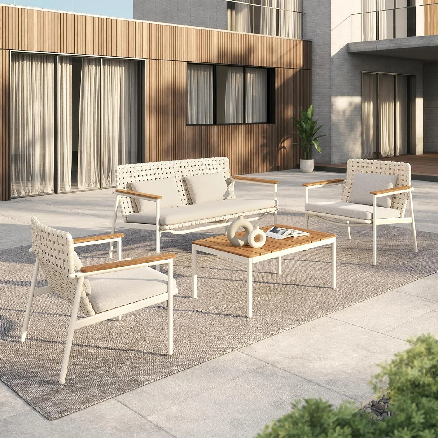 Grand Patio 4-Piece Aluminum Patio Furniture Set, Wide Wicker Sofa Set with Wood Grain Coffee Table and Water-Resistant Olefin Cushions