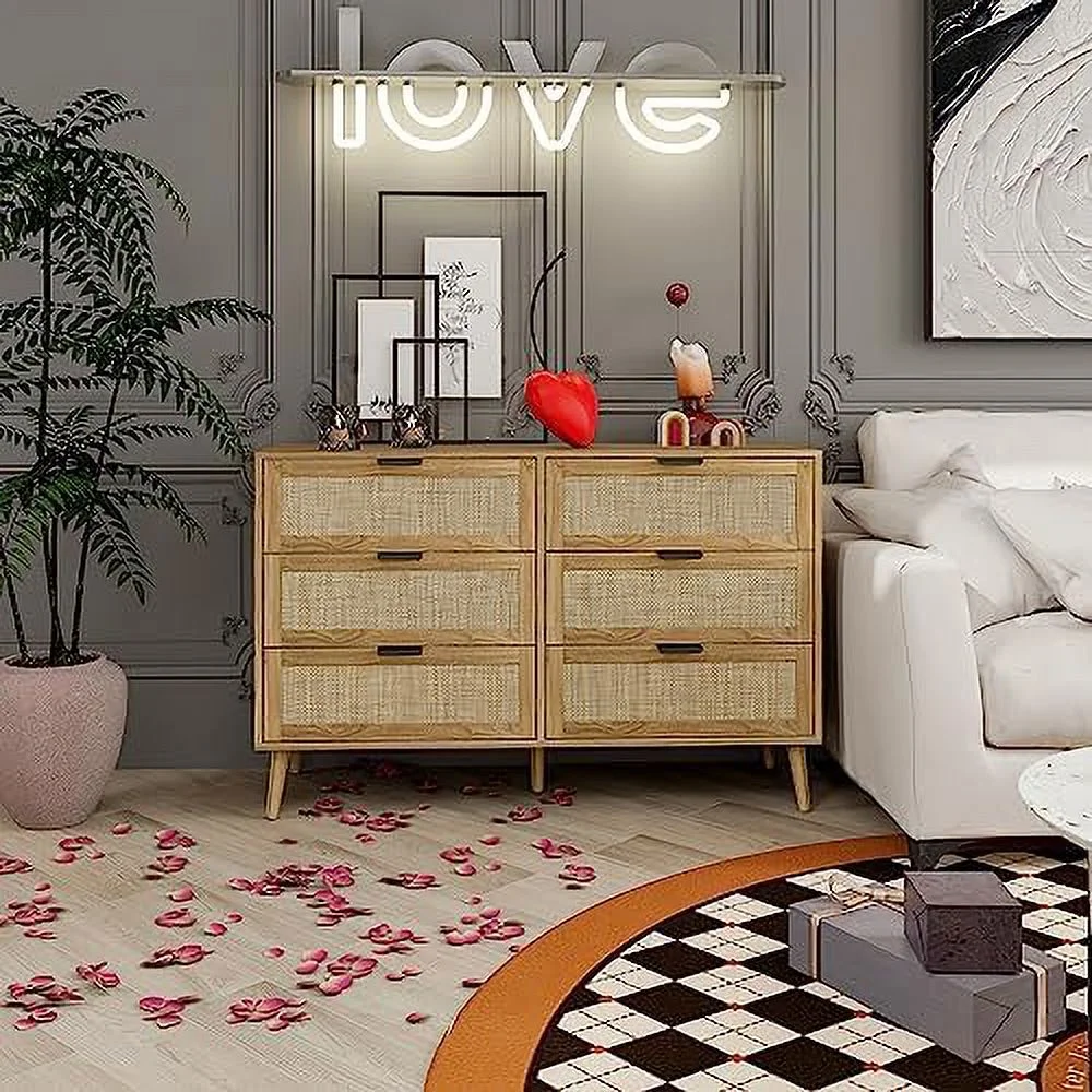 HBLUKDL Rattan Dresser Cabinet with 6 Drawer-Modern Clothing Organizer Double Dresser for Nursery with Metal Handles Wide Wood  Chest of Drawers for Bedroom Living Room Hallway (Natural)