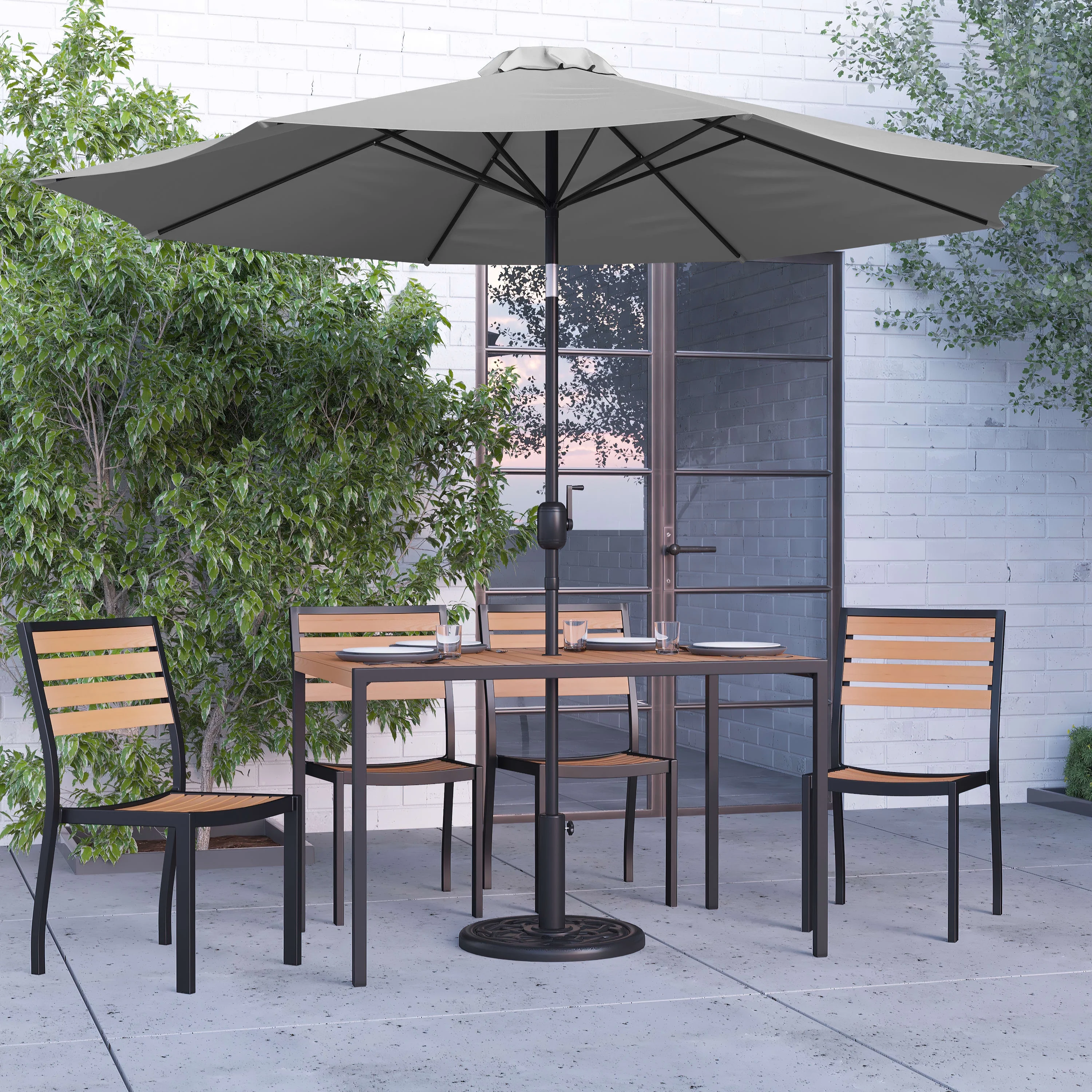Merrick Lane 7 Piece Outdoor Faux Teak Poly Slat Outdoor Furniture Set - 30
