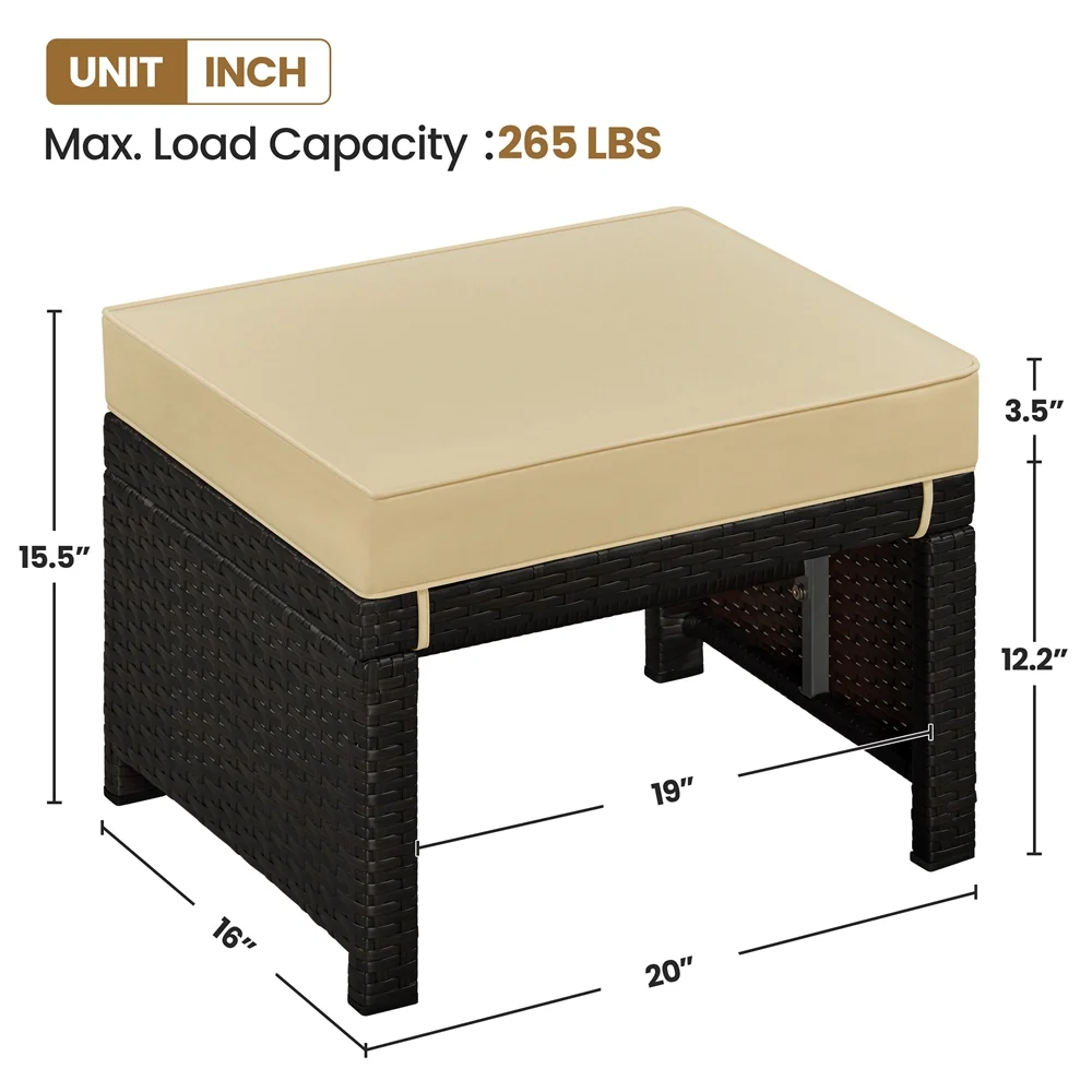 Alden Design 2PCS Wicker Ottomans with Removable Cushion for Patio, Brown/Khaki