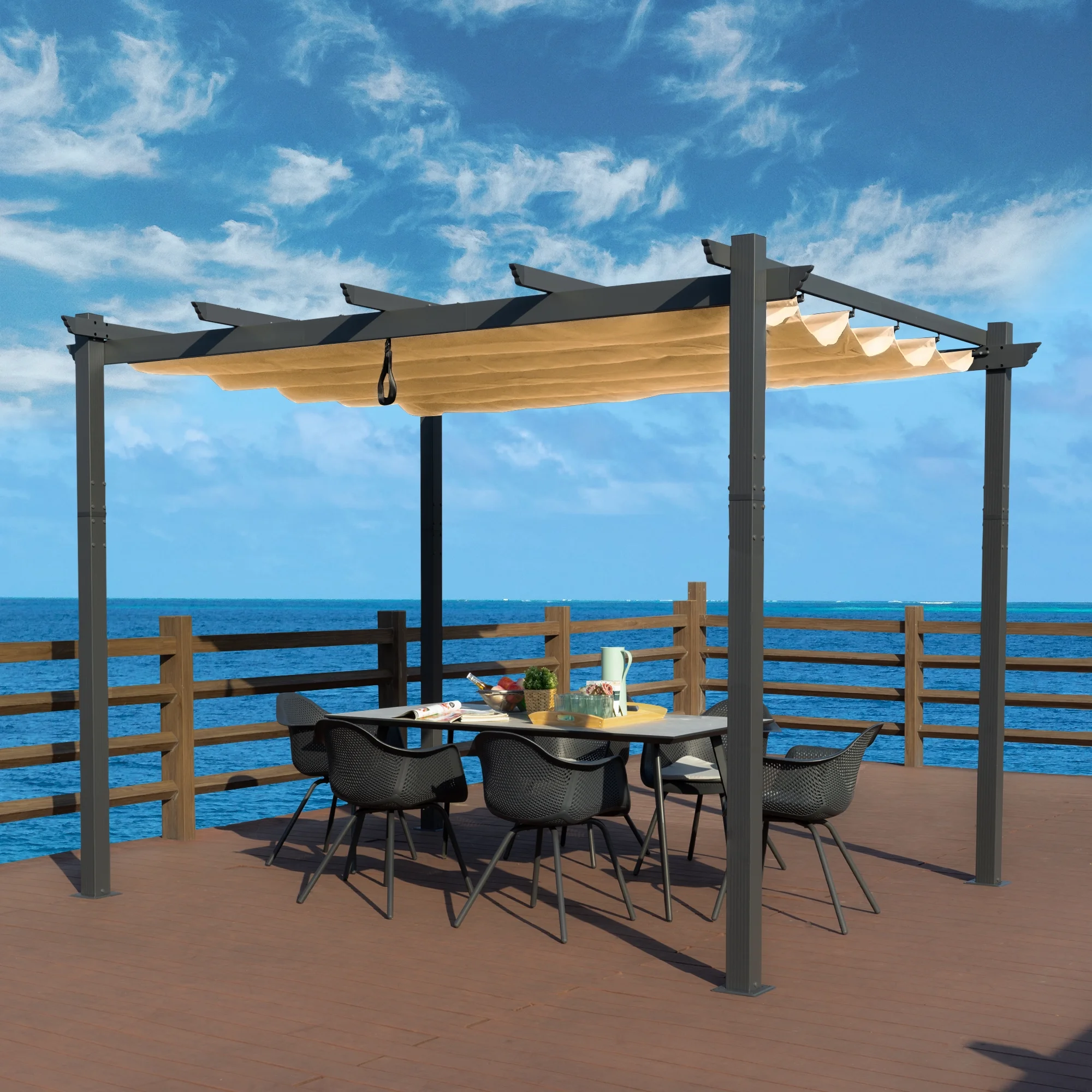 Kozyard Morgan Outdoor Extra-Large Gray Aluminum Frame Pergola with Sunshade Canopy (10'x12', Beige)