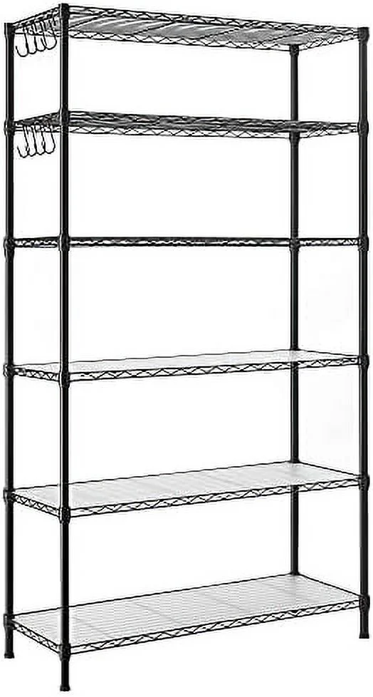 WTYNKAE Garage Shelving  6-Tier Wire Shelving Unit  Kitchen  Rack with Adjustable Shelves   Liners  8 Hooks  Total Max. Load 528 lb  for Living Room  Garage  Black ULGR096B01