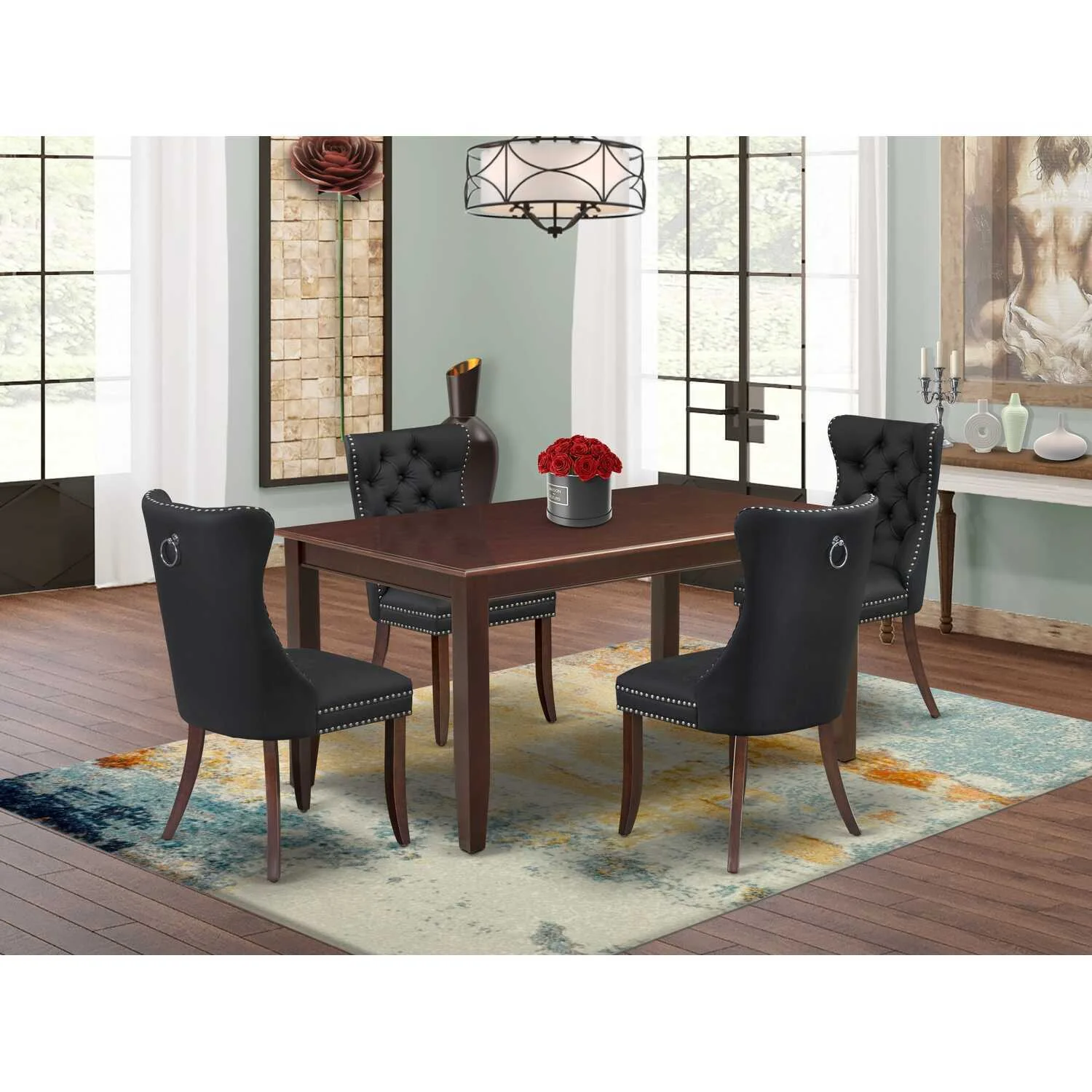 HomeStock Medieval Majesty 5 Piece Dining Table Set Includes A Rectangle Kitchen Table And 4 Upholstered Chairs, Mahogany