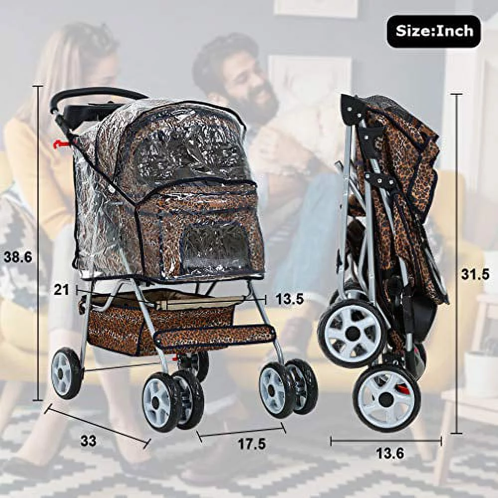 Leopard Print Dog Stroller with RainCover