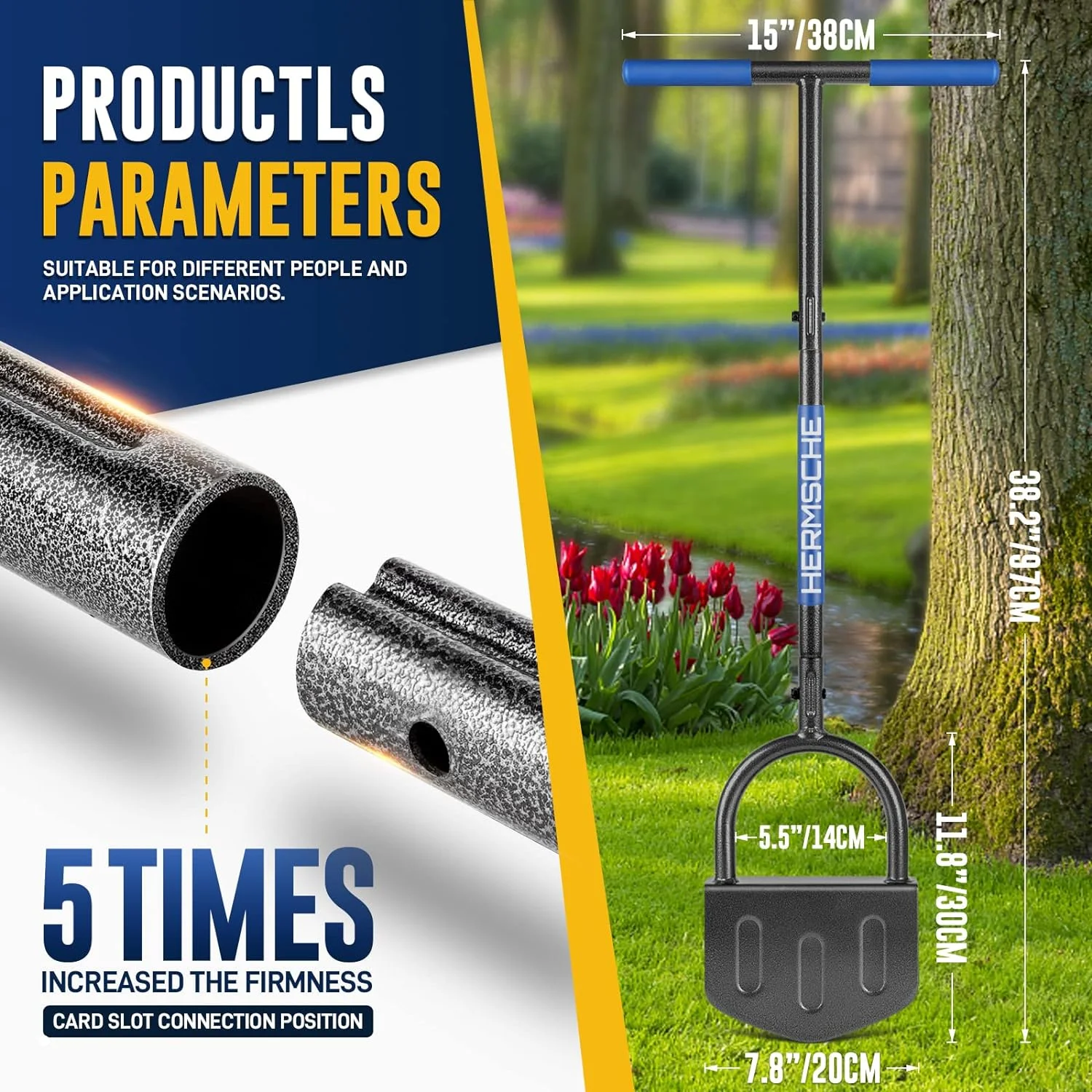 Hermsche Manual Edger Lawn Tool Half Moon Lawn Edger with T-Grip Sidewalk Lawn Grass Long Handled Step Edger Stainless Steel Manual Trimming Shovel,38.2inch.