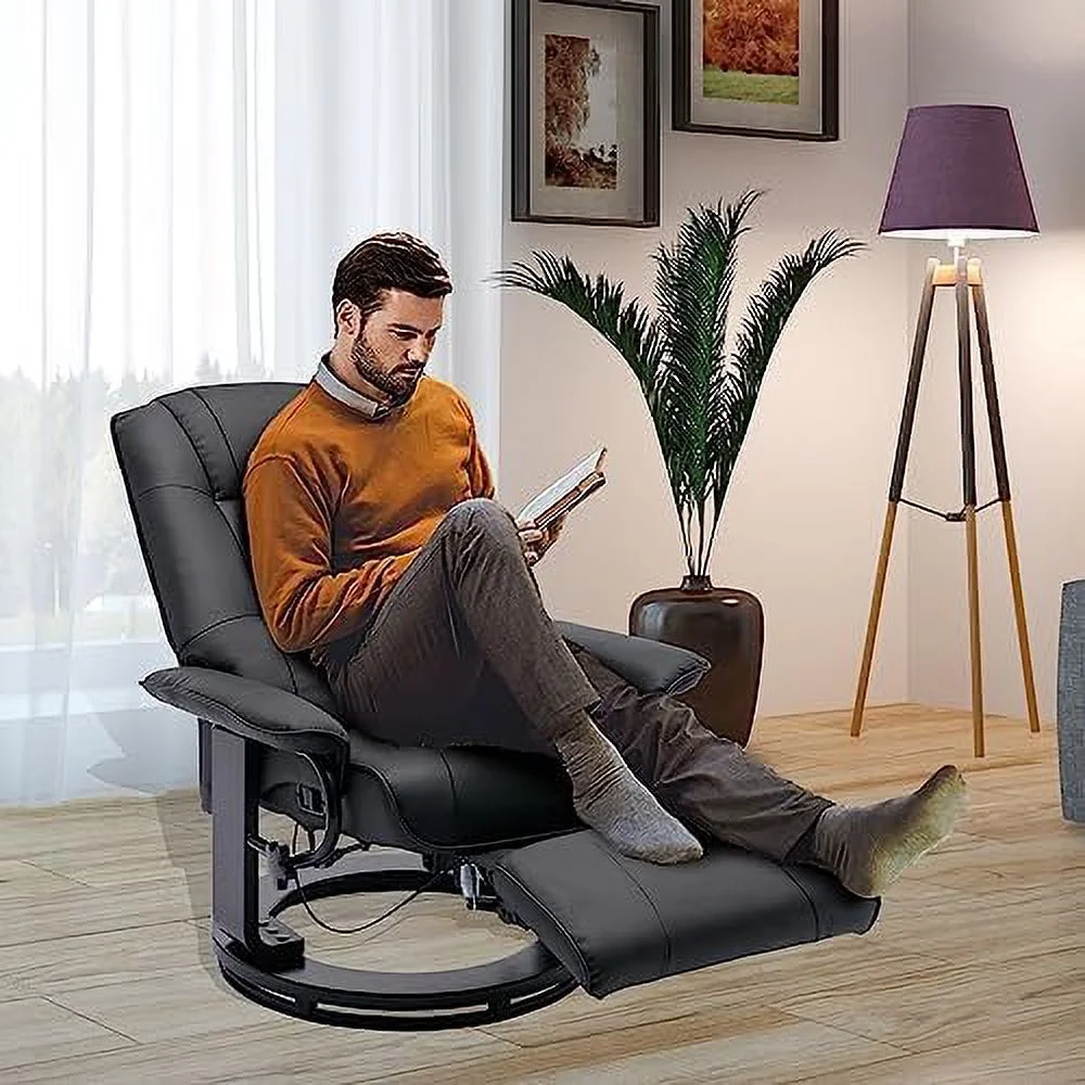 HOOMHIBIU Swivel Recliner Chair Faux Leather Manual Lounge Chair Adjustable Footrest and Backrest Reclining Chair with Wrapped Wood Base and Armrest for Small Spaces  Black