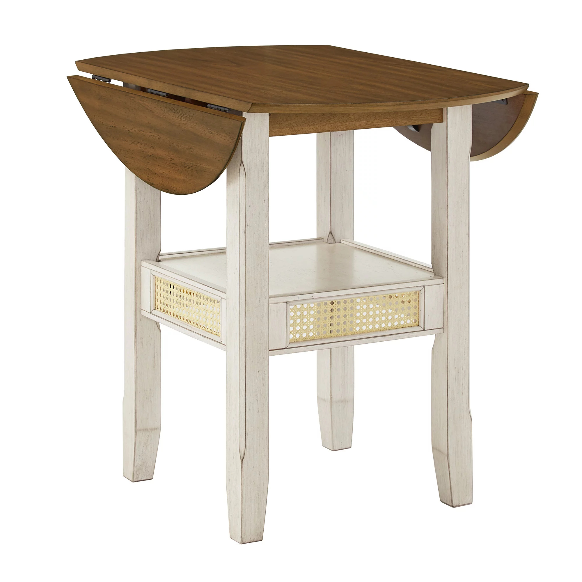 Weston Home Pulukan Cane Accent Round Dining Table with 2-Drop Leaves, Oak and Antique White Finish