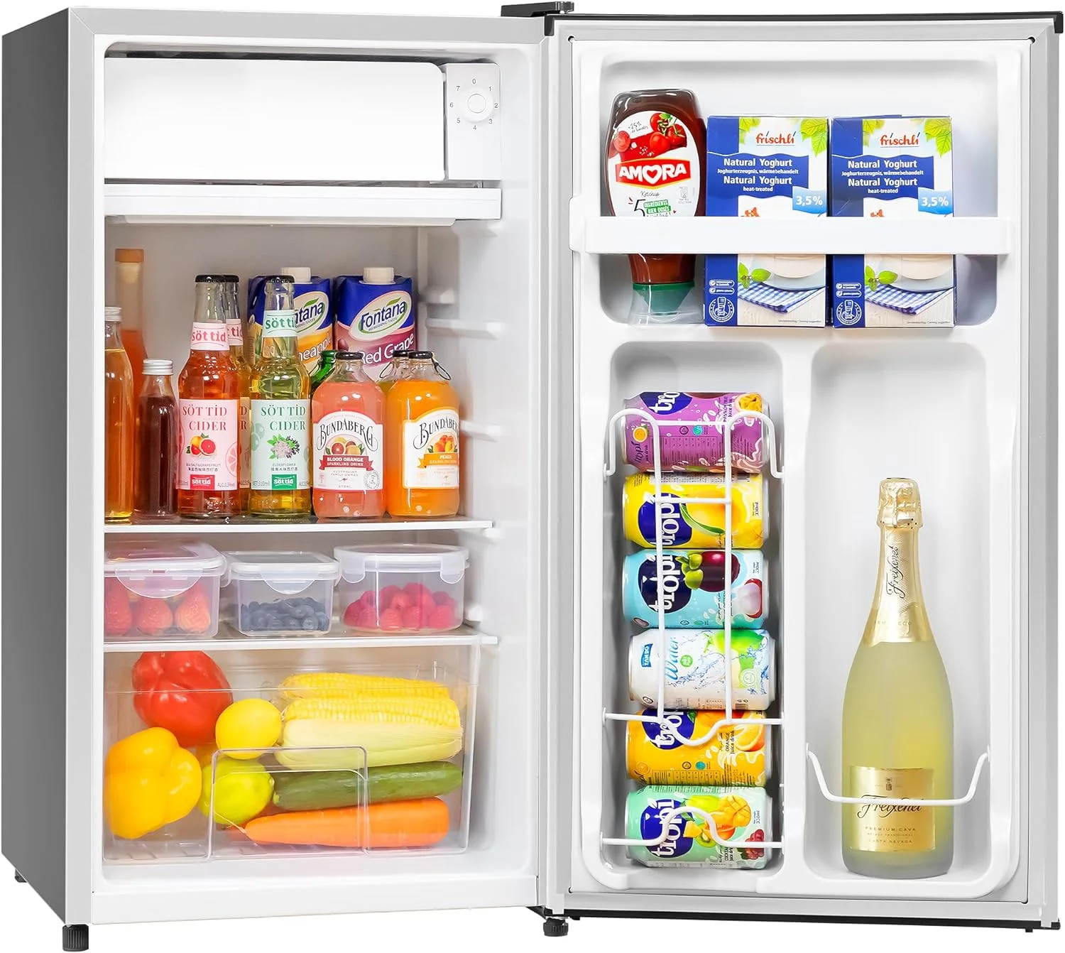 3.2 Cu. Ft Mini Fridge with Freezer for Bedroom, Dorm, Office, Compact Refrigerator with Adjustable Thermostat, Removable Glass Shelves and Reversible Door (Silver)