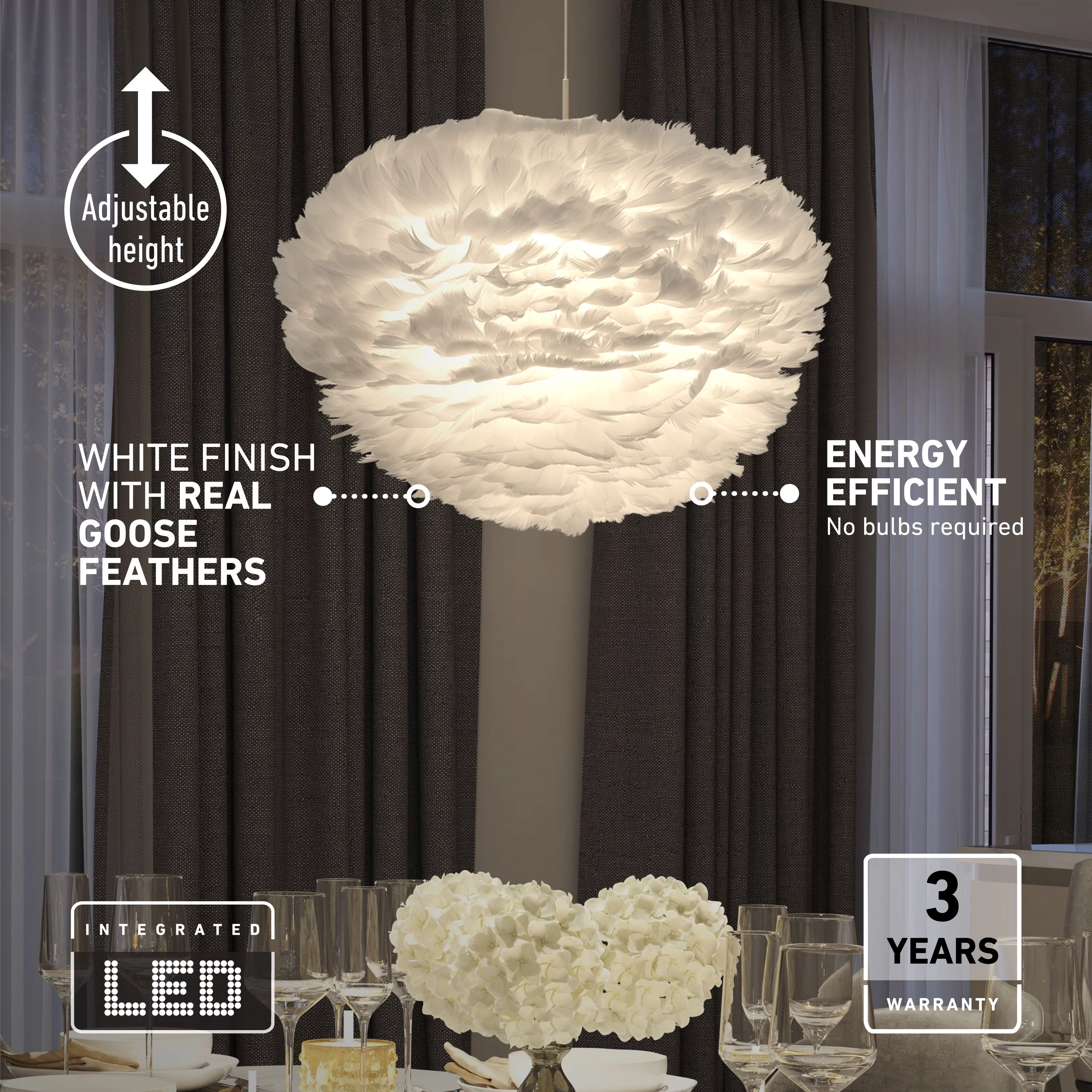 Artika Plume 20 Inches Diameter Modern White LED Feather Pendant Light Fixture